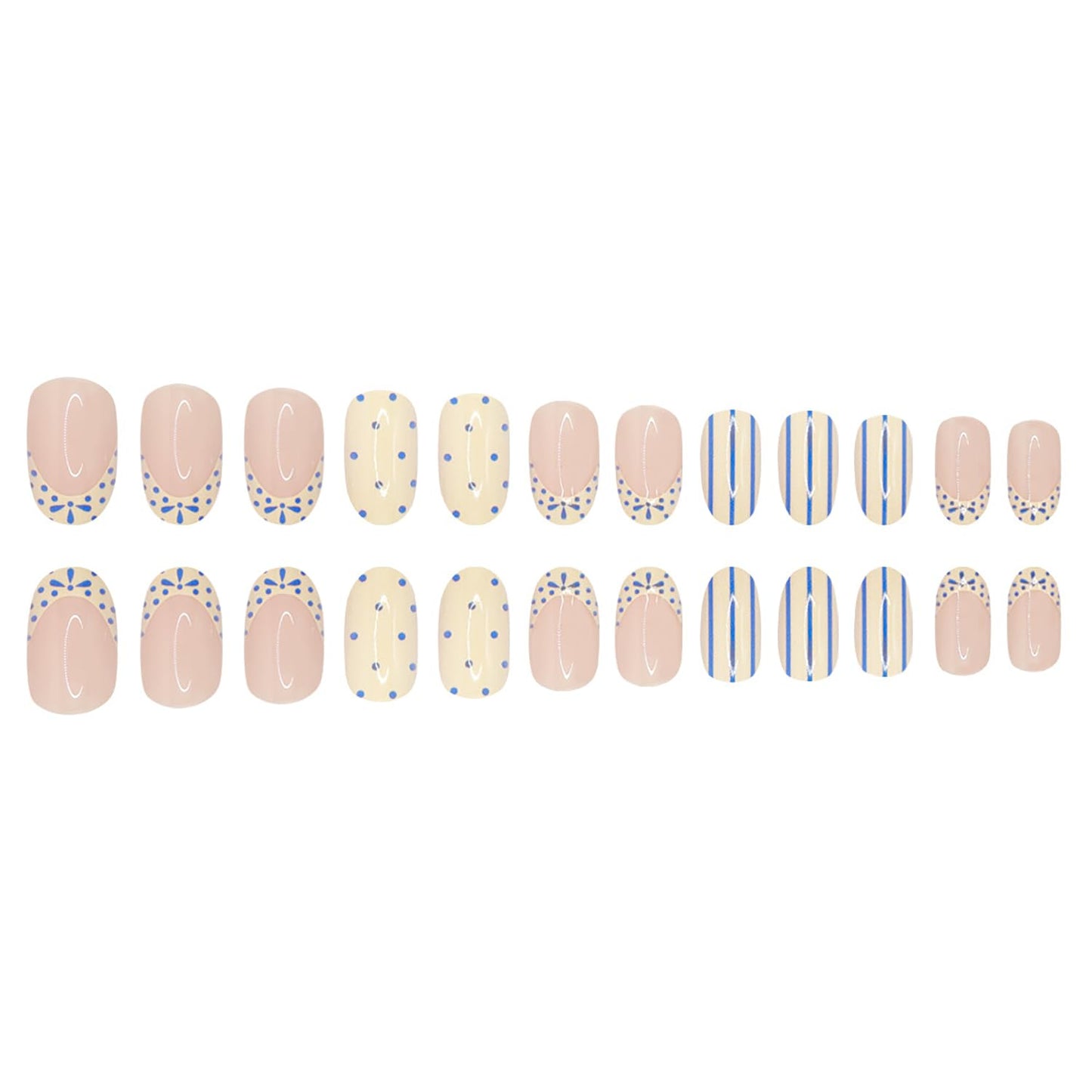 Polka Dot Press On Nails Short Almond Fake Nails French False Nails With Blue Stripe Design Reusable Acrylic Nail Press Ons Glossy Full Cover Glue On Nails For Women Manicure 24Pcs