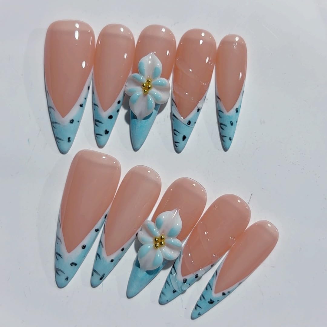 Haozerart Handmade Long Stiletto Press On Nails with Glue Kit, Blue French 3D Floral Fake Nails, Reusable Salon Nails for Women, 10Pcs M Size