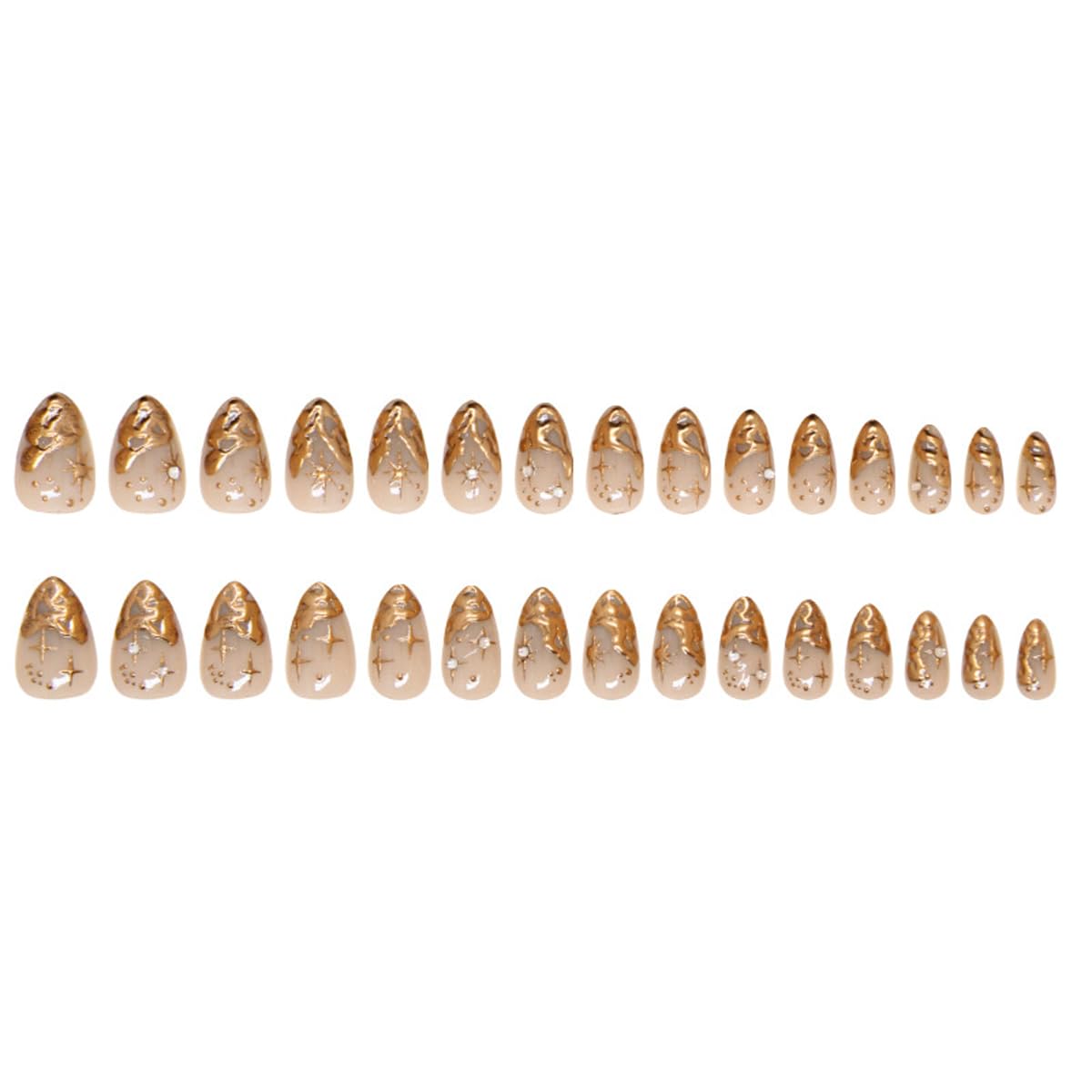 Gold Chrome Press on Nails Short Almond Fake Nails Star Nails Press ons with Design Reusable Artificial Nail Full Cover Glue on Nail Stick on Nails for Women Manicure 24 Pcs