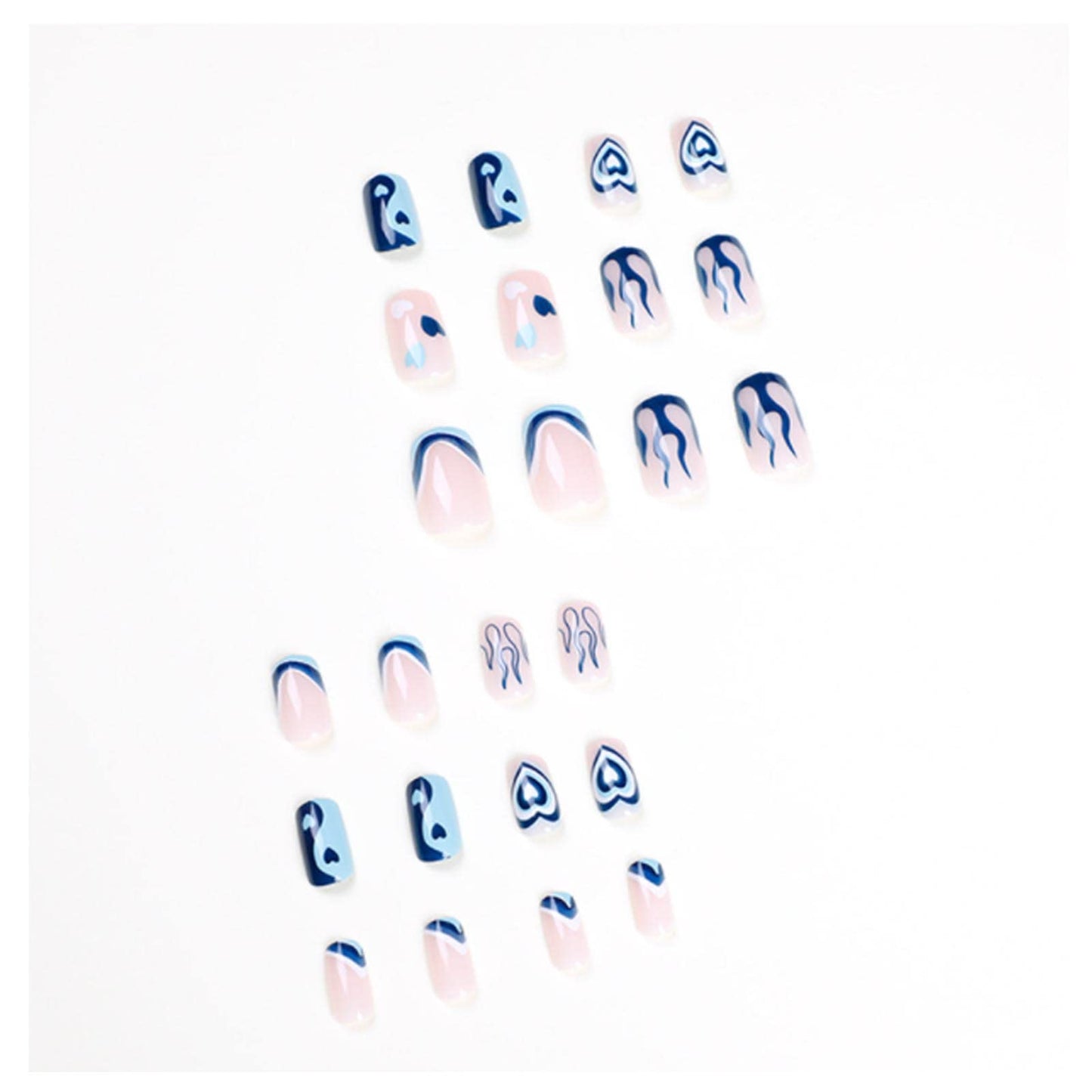 DANMANR Long Press on Nails Square French Fake Nails Full Cover Nude Acrylic False Nails for Women and Girls 24PCS (Blue Heart French)