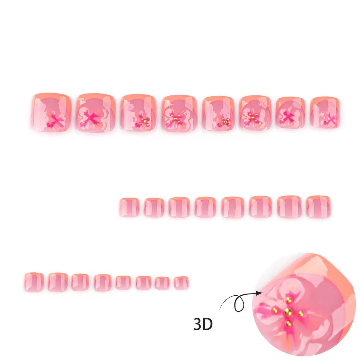 CTTHNBD Press on Toenails - Orange French Tip Fake Toenails with Flower Design - Golssy, Summer False Toe Nails for Women - 24 Pcs