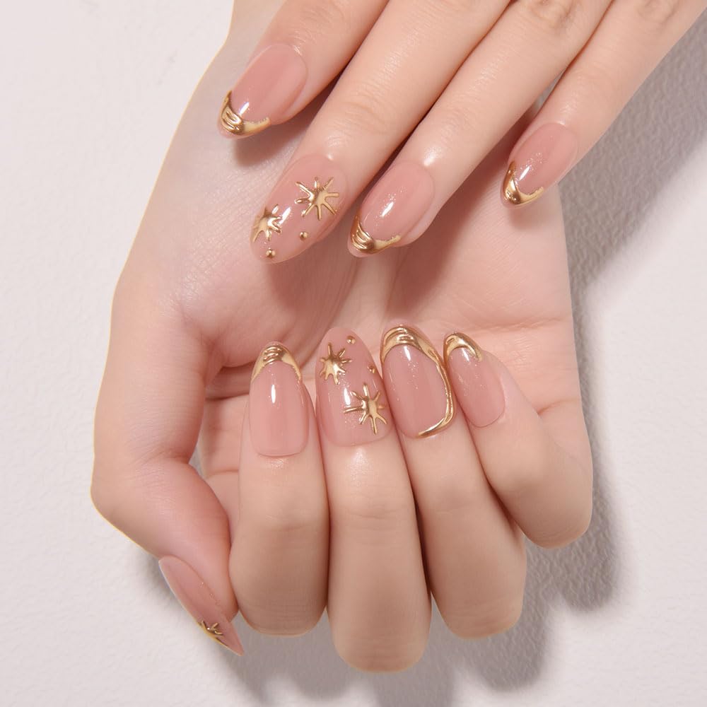 evpct Short Almond Press on Nails with French Tip & 3D Gold Line Star Design, Glossy Full Cover Acrylic False Nails with Glue, Reusable Stick - Glue on Fake Nails for Women- Fall Nail Art Gift