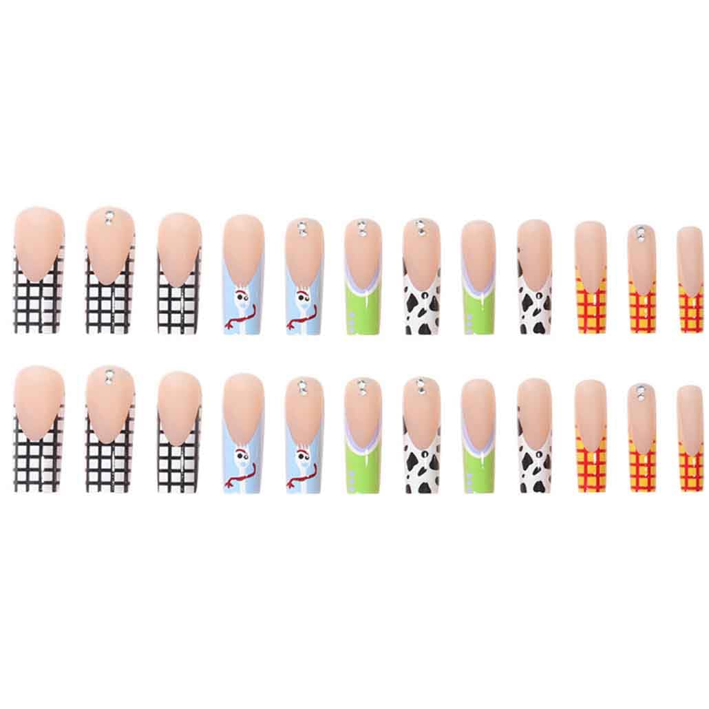 Foccna Long Press Pink Square French Fake Nails Summer Purple Full Cover Bling Acrylic False Rhinestone 3D Flower Design Square Nails for Women and Girls 24PCS