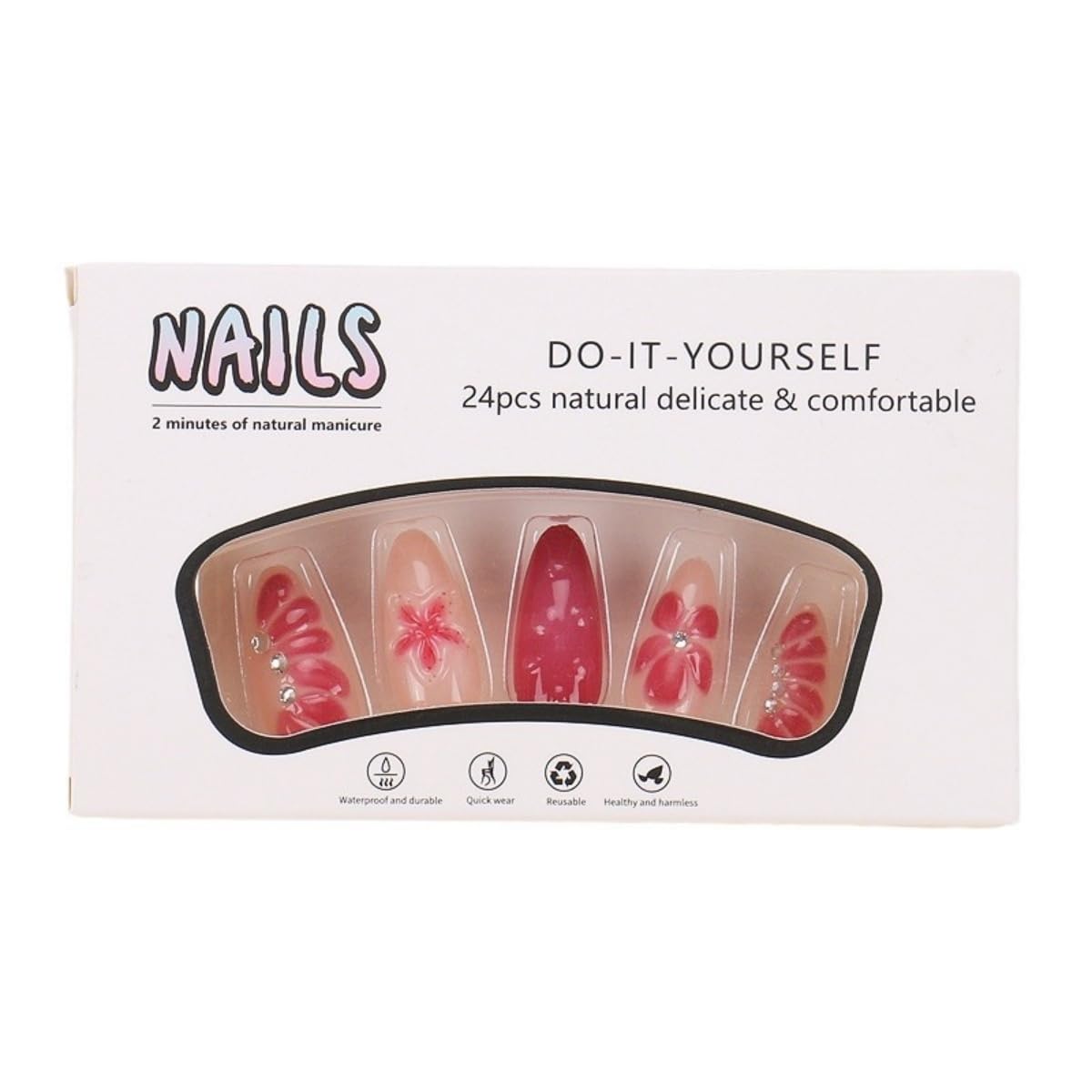 3D Flower Press on Nails Medium Almond Fake Nails with Rhinestones Design Stick on Nails Floral False Nails Artificial Full Cover Acrylic Glue on Nail for Women Nail Art Decoration 24Pcs