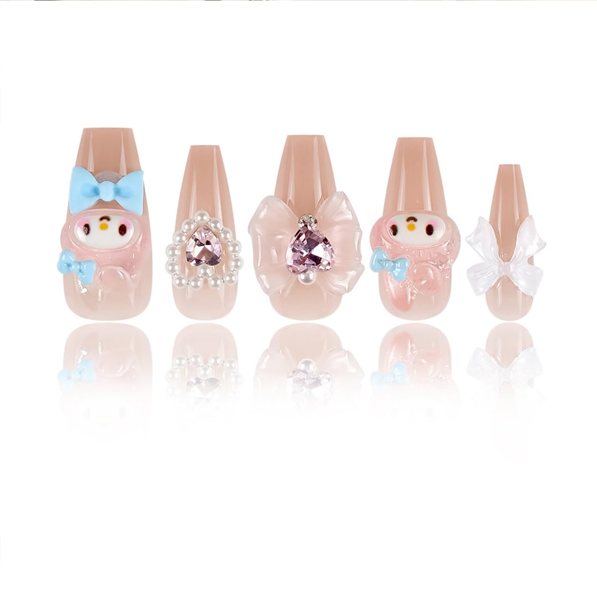 24Pcs Nude Press On Medium Square Glossy Glue On Nails With 3D Kawaii Heart Bow Charms Design French Stick On Cute False Artificial Acrylic Nails For Women Girls Manicure