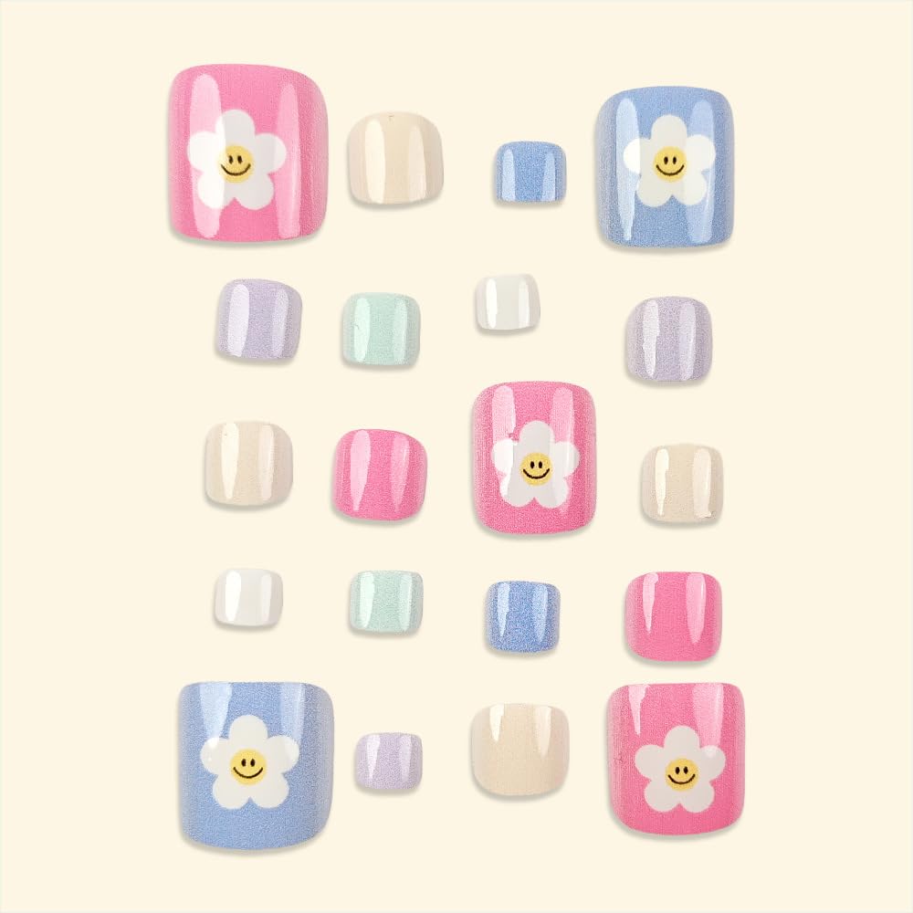 Flower Press on Toenails Short Square False Toenails with Smiling Face Design Light Blue Fake Toe Nails Glossy Summer Stick on Toenail Cute Spring Glue on Toenail for Women Girls Manicure 24Pcs