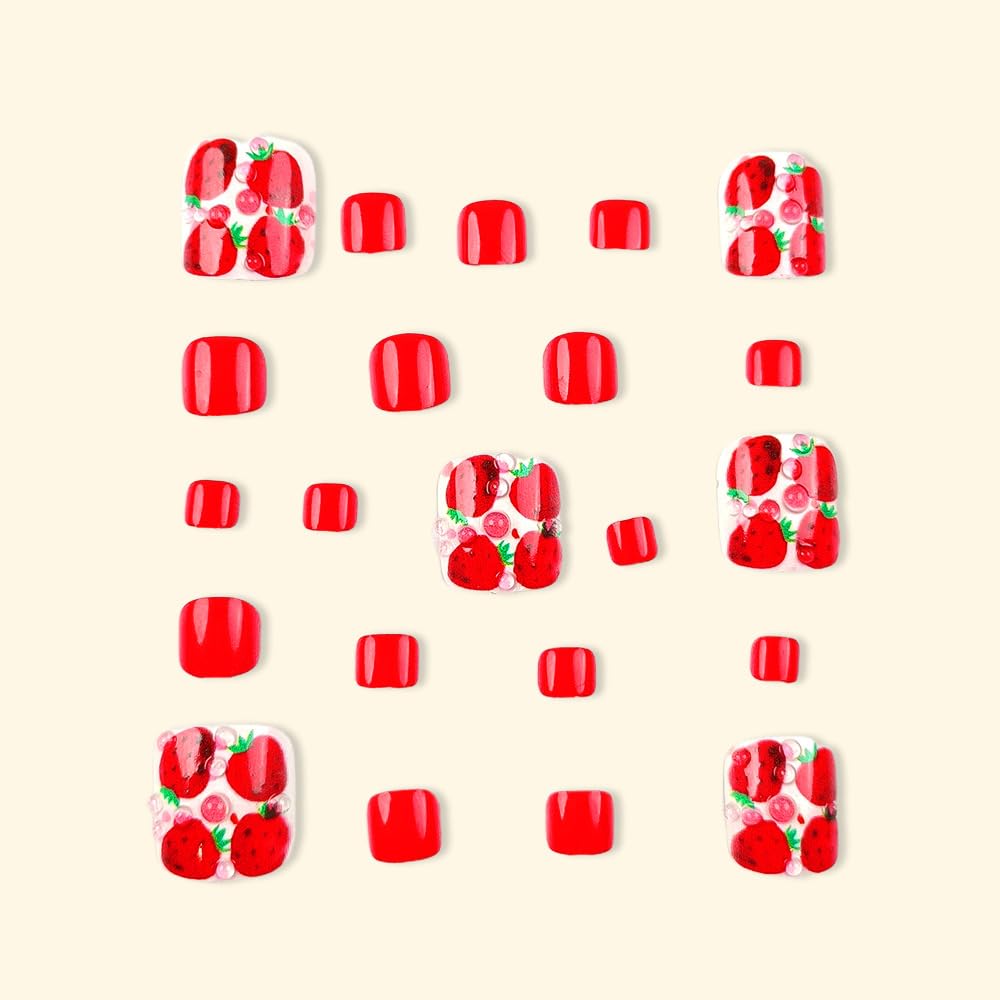Red Press on Toenails Short Square Stick on Toenails with Strawberry Design 3D Pink Dots Fake Toe Nails Glossy Summer False Toenail Cute Spring Glue on Toenail for Women Girls Manicure 24Pcs