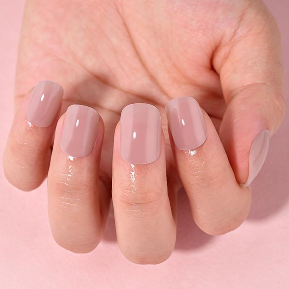 evpct Clay Nude Glossy Squoval Short Press on Nails for Women, Clay Nude Extra Short Squoval No Glue Stick on Nails with Kit, Reusable Full Cover Soft Press on Fake Nail Salon-quality Perfectly Fit