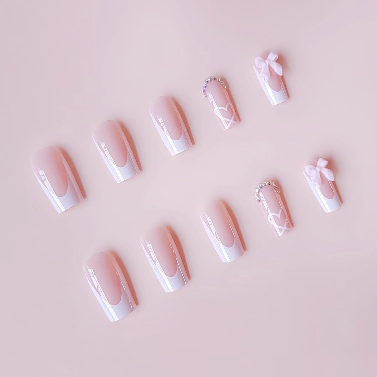 Press on Nails Medium Coffin - Pink Fake Nails with Bow Heart Design - White French Tip False Nails Press ons - for Women 24 Pcs