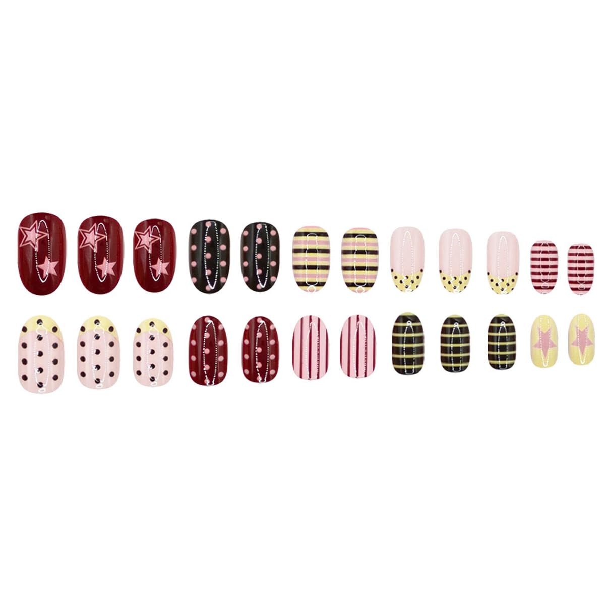 Summer Press on Nails Colorful Fake Nails Short Almond Nails Press ons with Star Lines Polka Dot Design Cute Nails Full Cover Acrylic Glue on Nails for Women Girls Manicure 24Pcs