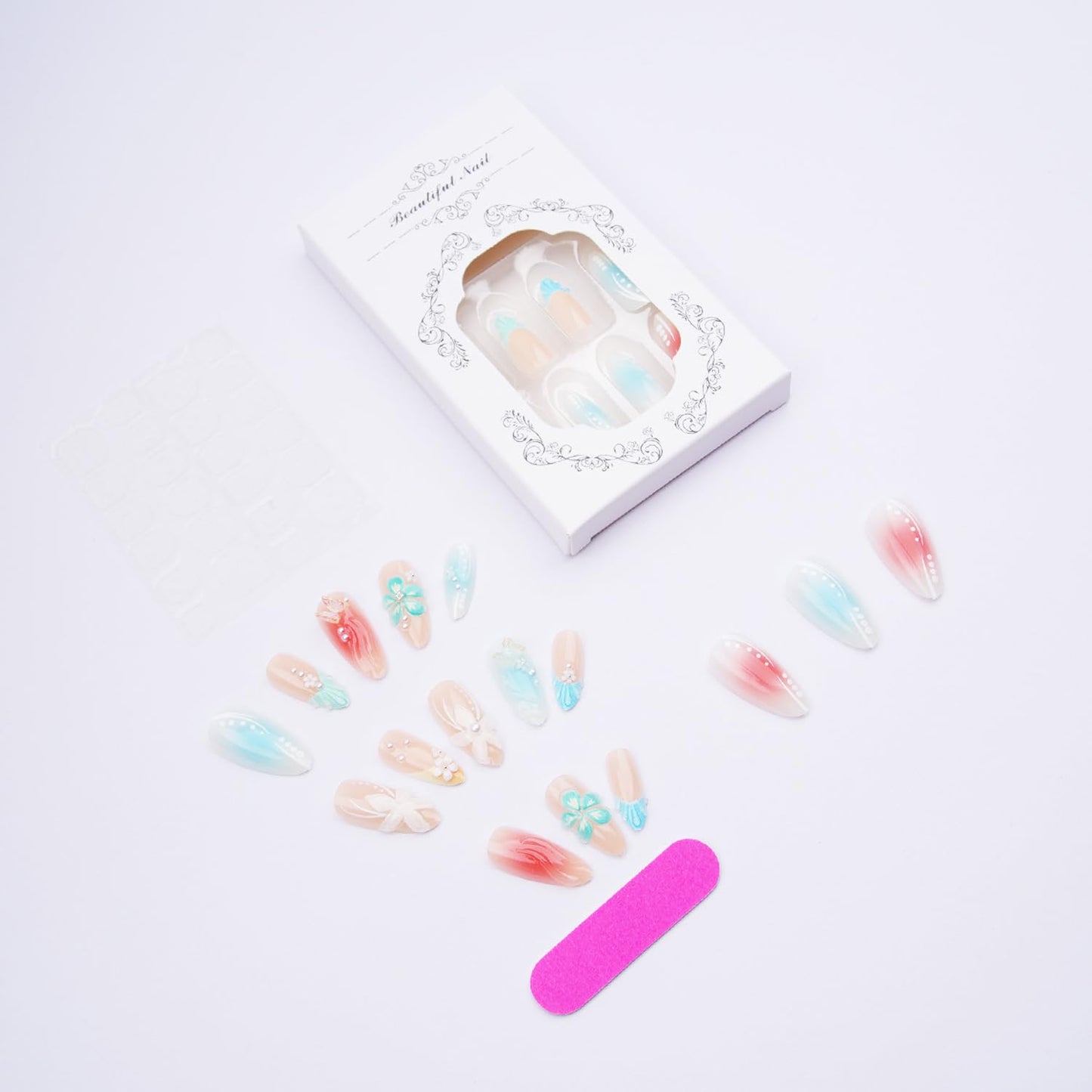 Blue Beach Press on Nails with Charms Medium Almond Fake Nails Shell Starfish Fake Nails French Nails Press ons Cute Flower Stick on Nails Short Acrylic Pearl Nails Rhinestones Nails for Daily Wear