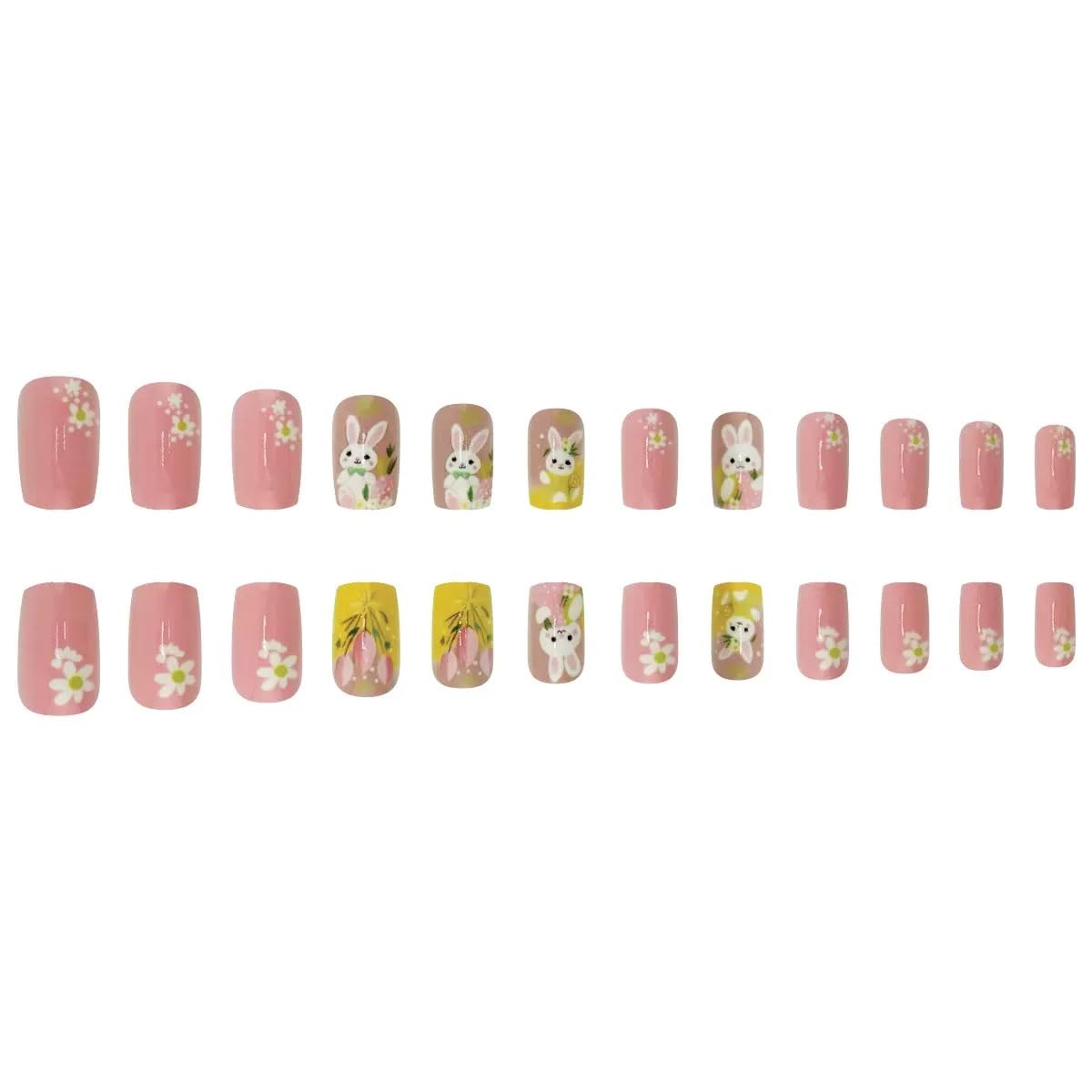 Easter Day Press on Nails - Medium Square Fake Nails with Bunny Flower Design - Pink False Nails Press ons - for Women 24 Pcs