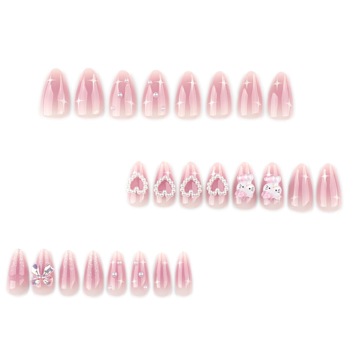 24Pcs Pink Press on Nails Medium Almond Fake Nails with Heart Pearl Bow Cute Rhinestones Designs Cartoon Acrylic Nails Reusable Laser Bow False Nail Cute Cartoon Full Cover Glue on Nails for Women