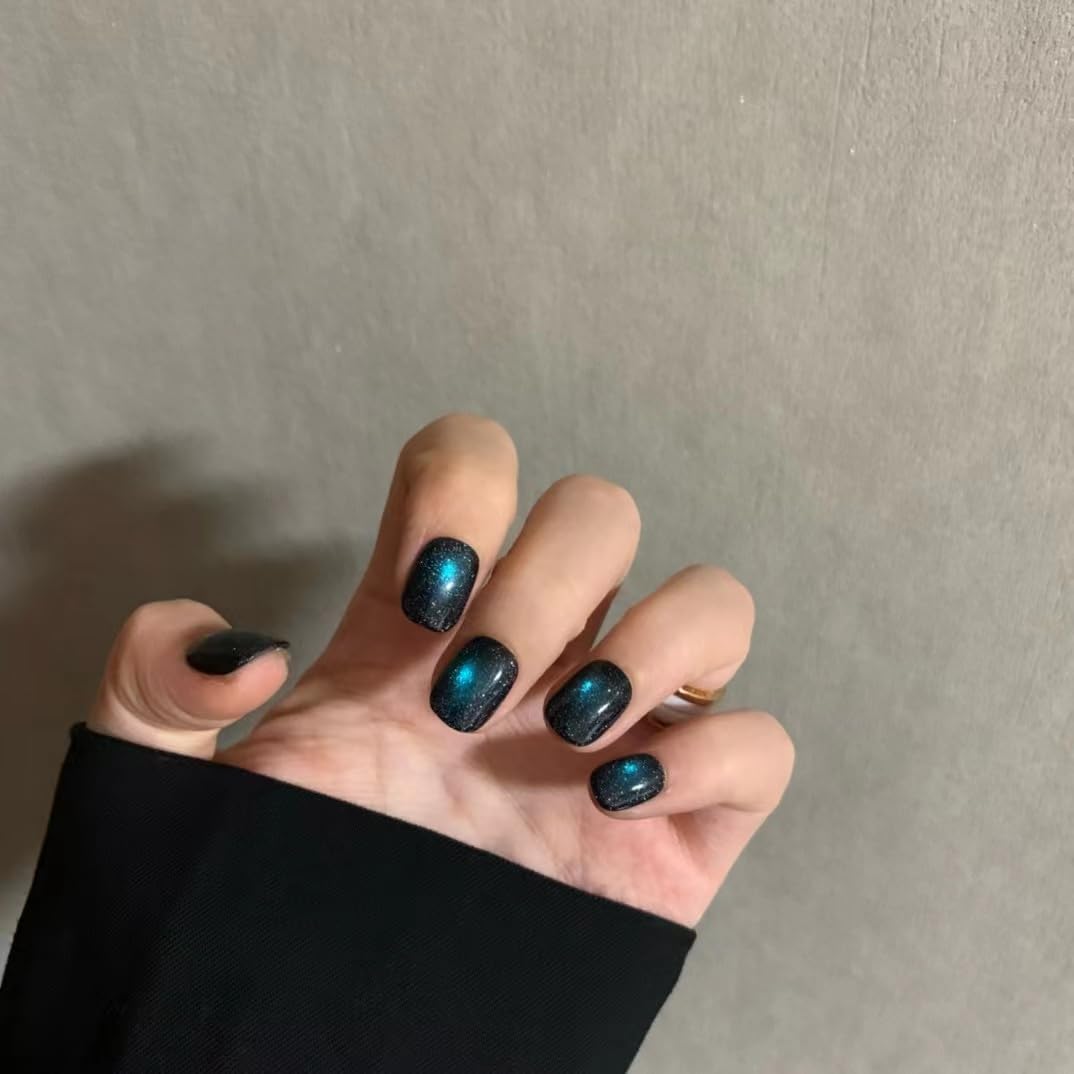 MAOLEETO Press on Nails, Short round Fake Nails Gradient blue-green False Nails Large Green Press on Nails for Women Girls Nail Art Decoration - Lagre