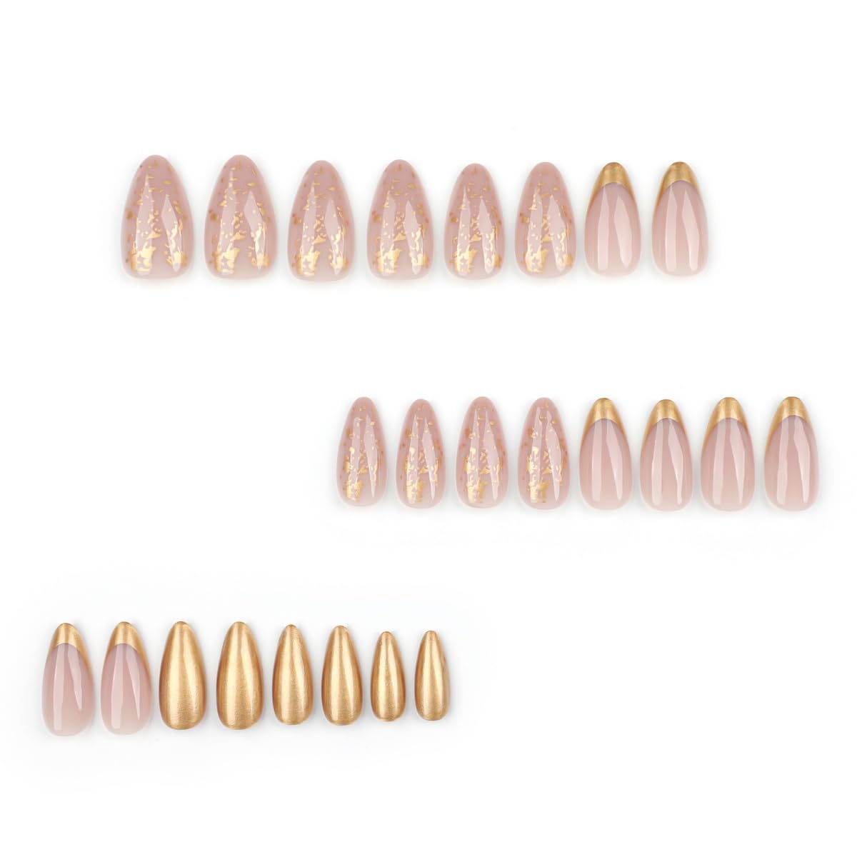 French Tip Press on Nails Medium Almond Gold Foil Glue on Nails Glitter Fake Nails Full Cover Nude Glossy False Nails for Women DIY Manicure Decoration 24PCS Reusable Acrylic Nails