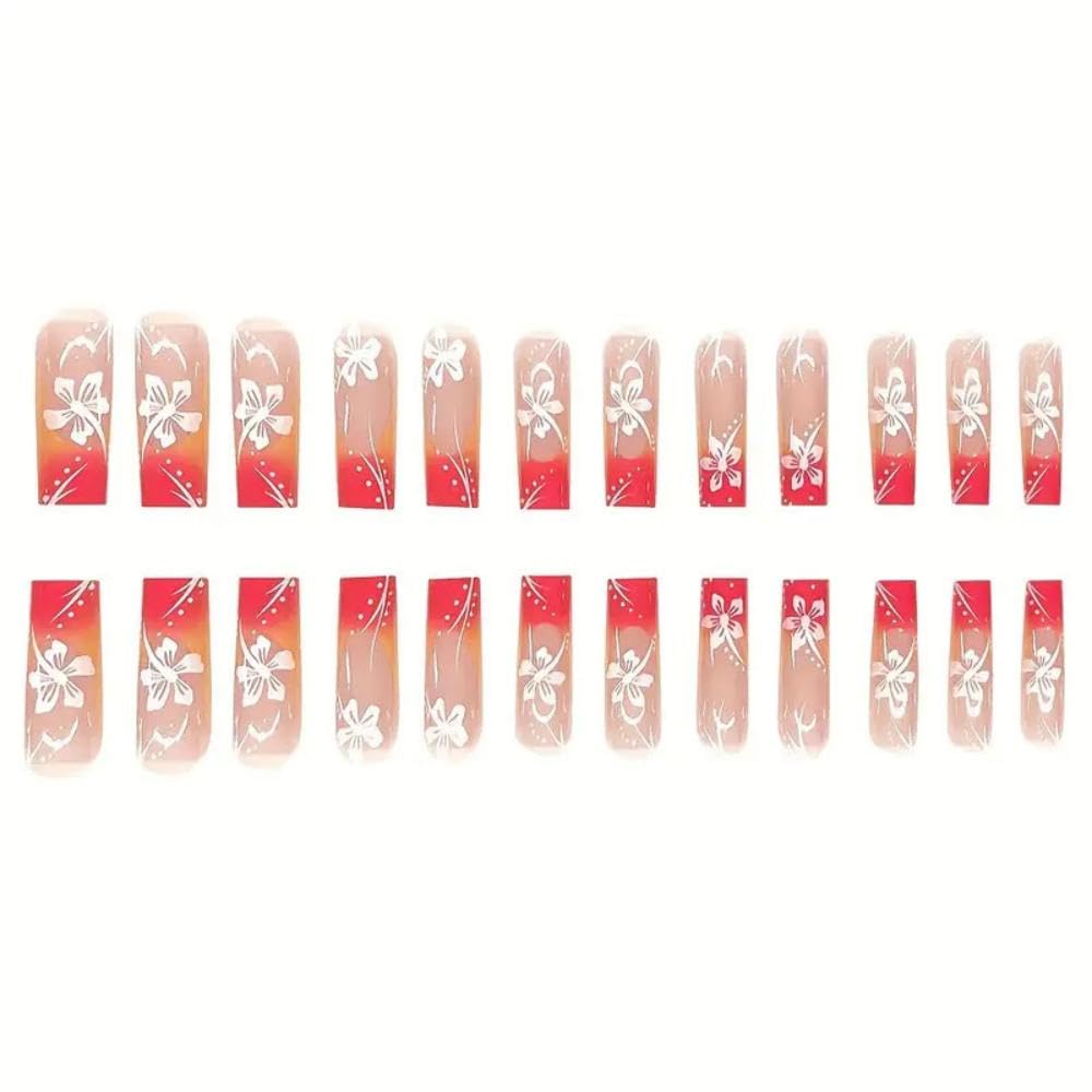 48Pcs Ombre Pink Orange French Tips Press on Nails Short Square Press on Toenails Long Square Stick on Nails with Flower Design Glossy Full Cover Fake Nails Summer False Toenails for Women Manicure