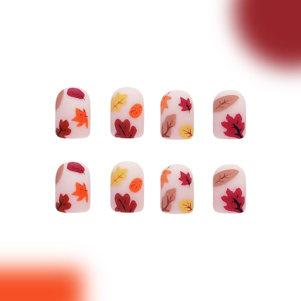 Fall Press on Nails Short - Square Fake Nails with Maple Leaf Design - Thanksgiving Day False Nails, Matte Stick on -for Women 24 Pcs