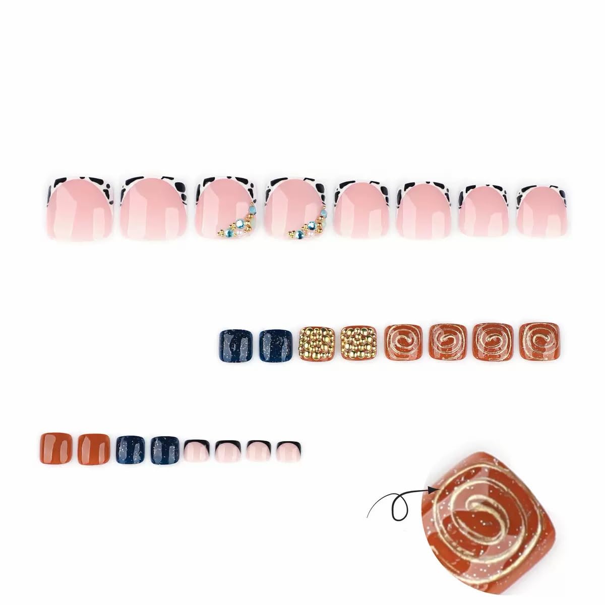 CTTHNBD Press on Toenails - French Tip Fake Toenails with 3D Gold Design - Shiny, Short Square Press on Toe Nails for Women 24 Pcs
