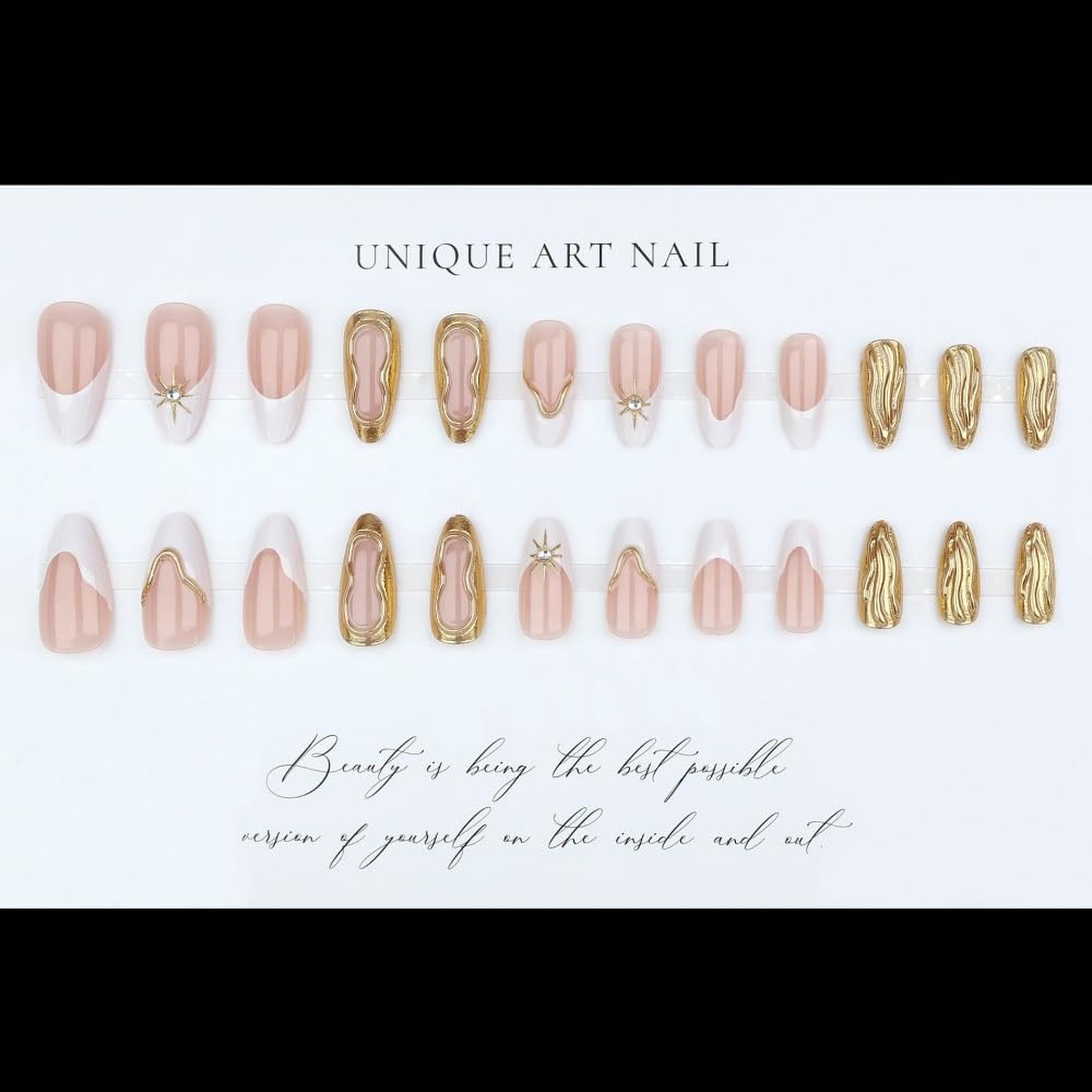 Medium Almond Press on Nails French Tips Nails Press on with 5D Star Charm Design Glossy Gold Lines Glue on Nails Metallic Golden Fake Nail Full Cover Pink False Nail for Women Manicure 24Pcs