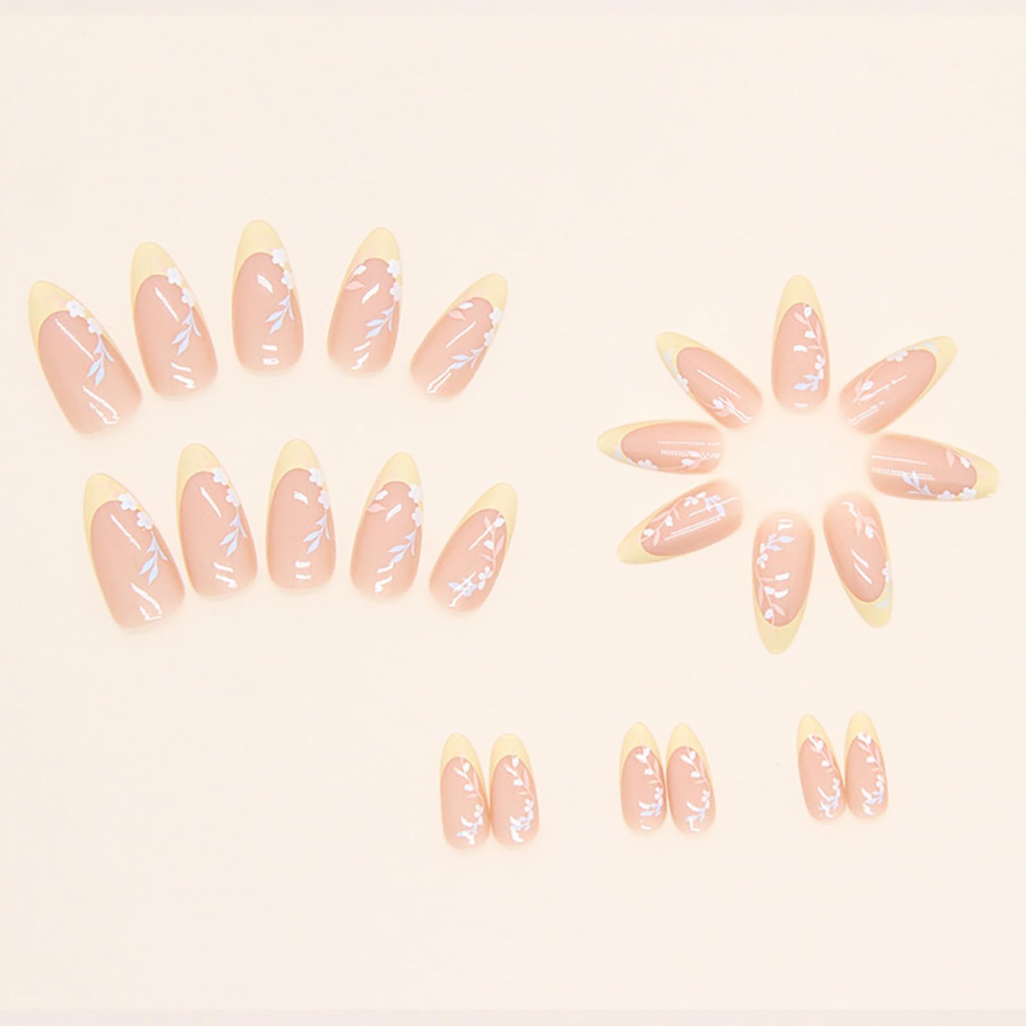 Medium Almond Press on Nails With Designs Yellow French Tip Pink Flower Fake Nails Press ons Acrylic False Glossy Artificial Full Cover Stick on Nails for Women Girls 24 Pcs