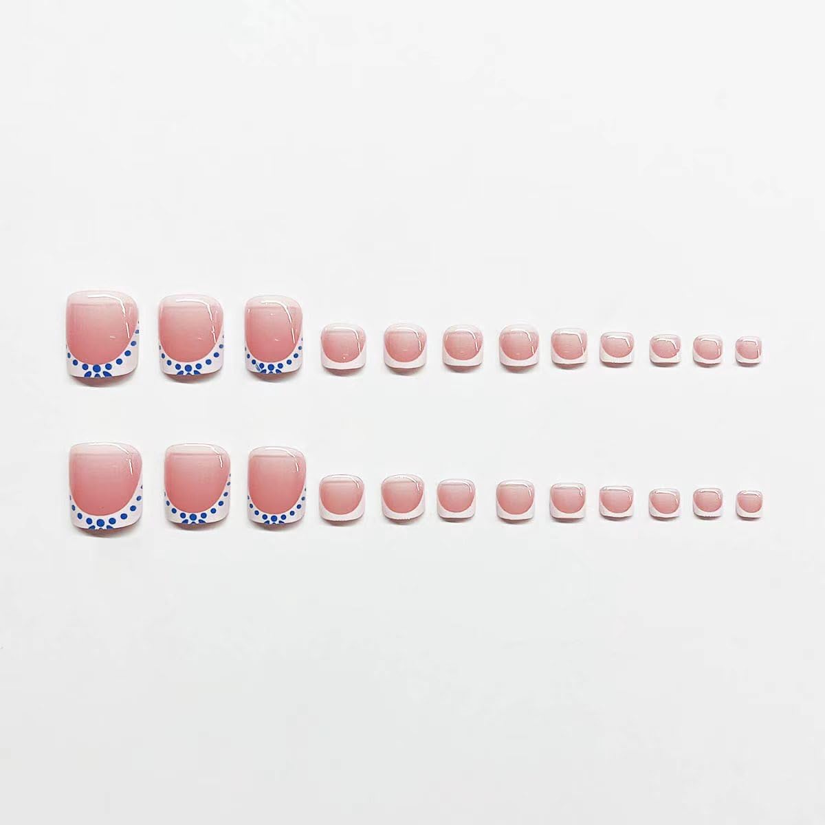 CTTHNBD Medium Press on Nails Square & Press on Toenails Set, White French Tip with Blue Spot Design - for Women 48 Pcs