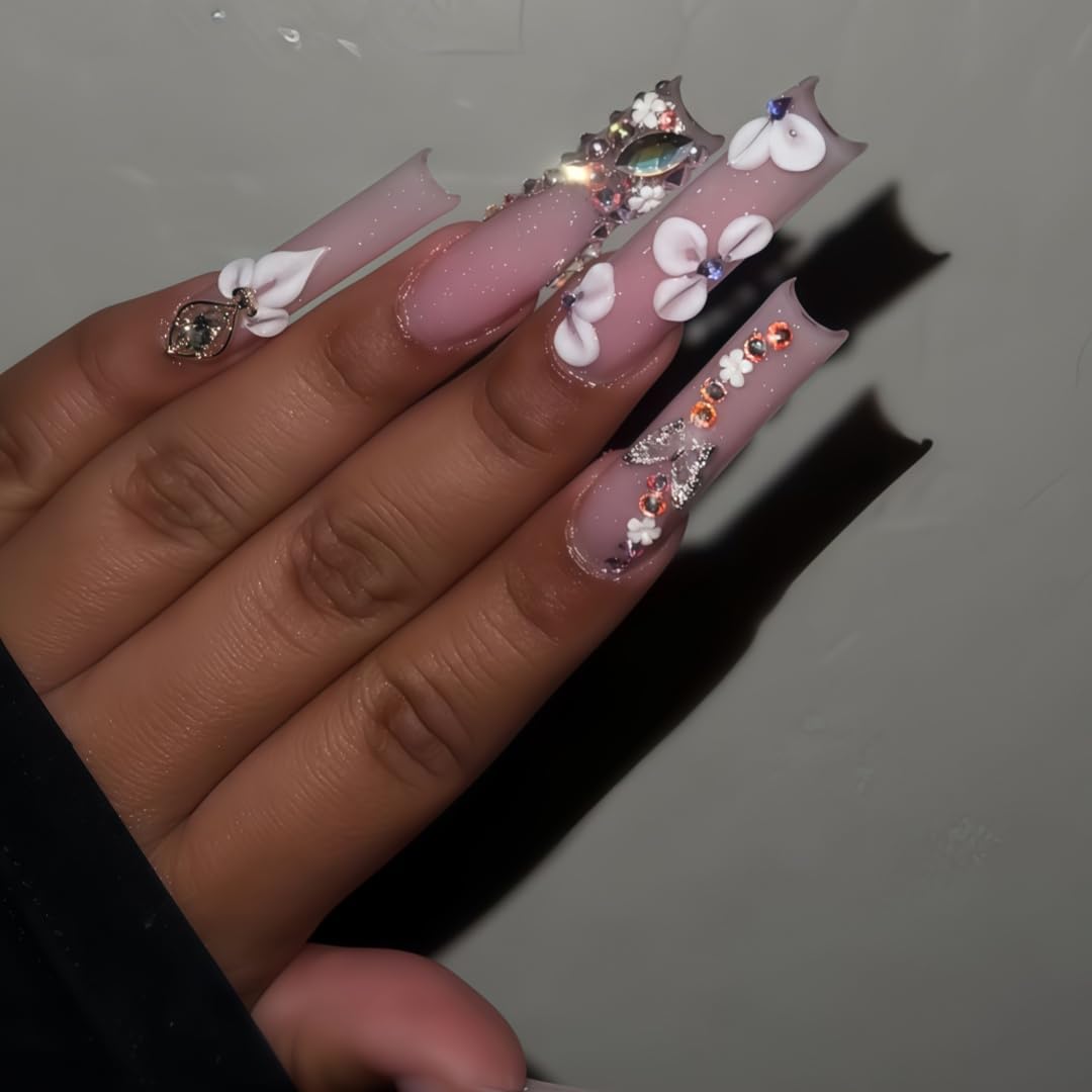 Long Press on Nails Square Fake Nails Pink Acrylic Nail Press Ons Seeneey Rhinestones and Flowers Designs Stick on Nail for Women 24pcs