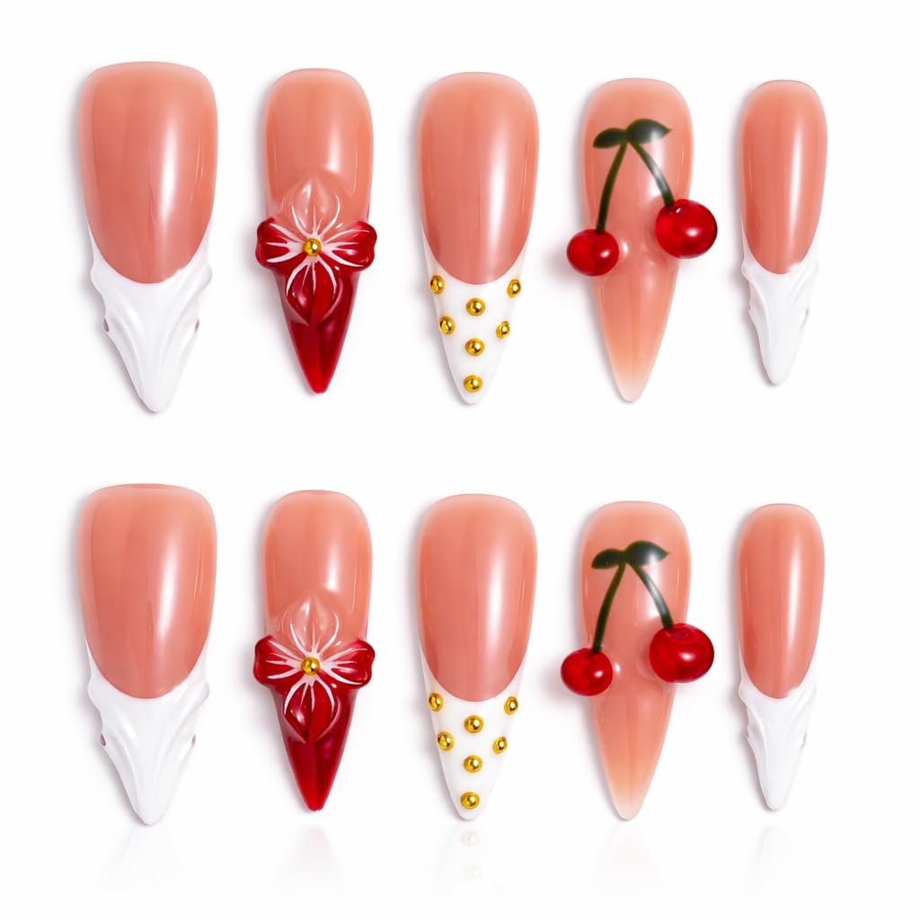 IntoVibes 10 Pieces Handmade Long Almond Press On Nails, White Thickened French False Nails, 3D Flowers And Cherries, Reusable Fake Nails Almond, Reusable Acrylic Nails (S)