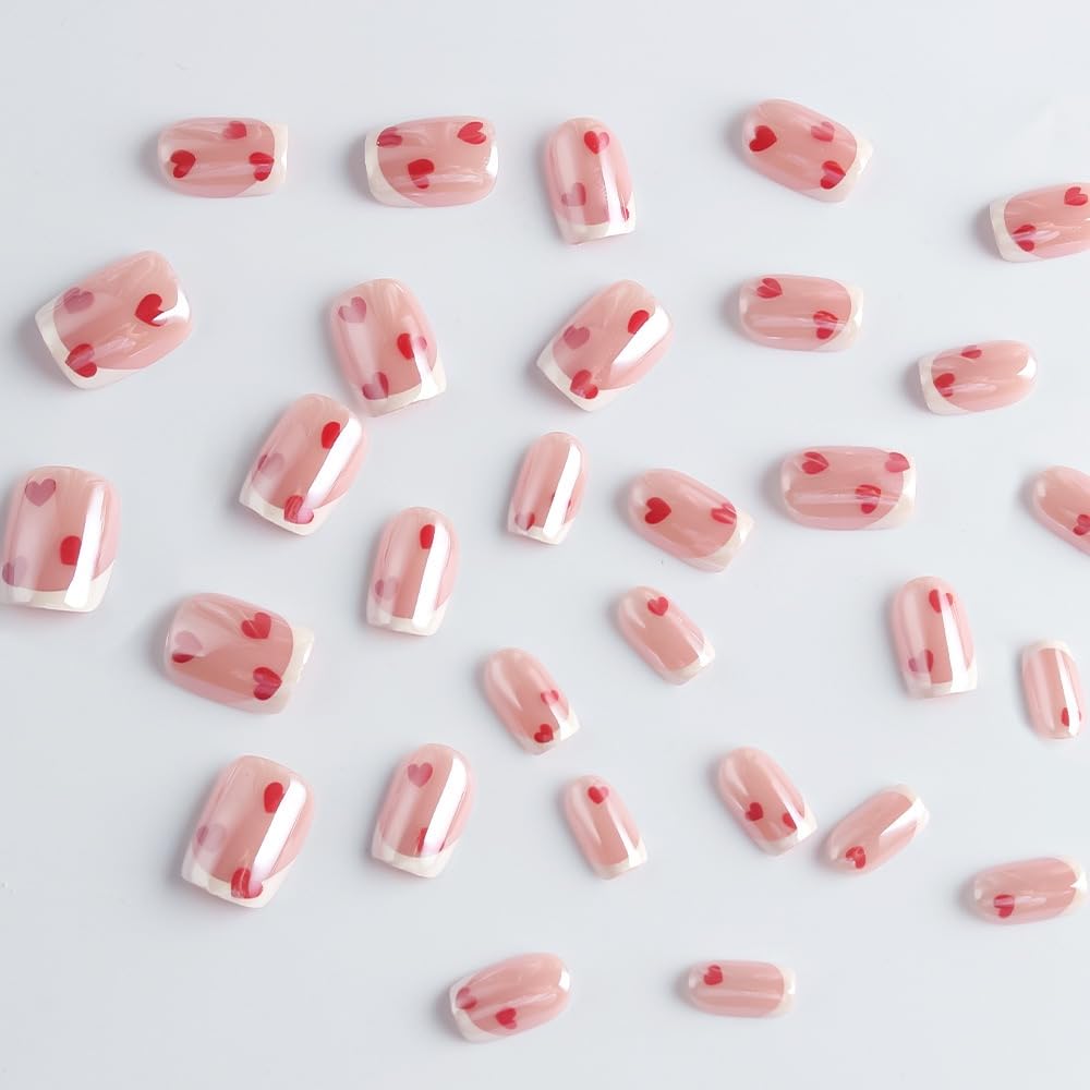 White French Tip Press on Nails Square - Short Fake Nails with Red Heart Design - Chrome Full Cover Stick on False Nails - for Women 24 Pcs