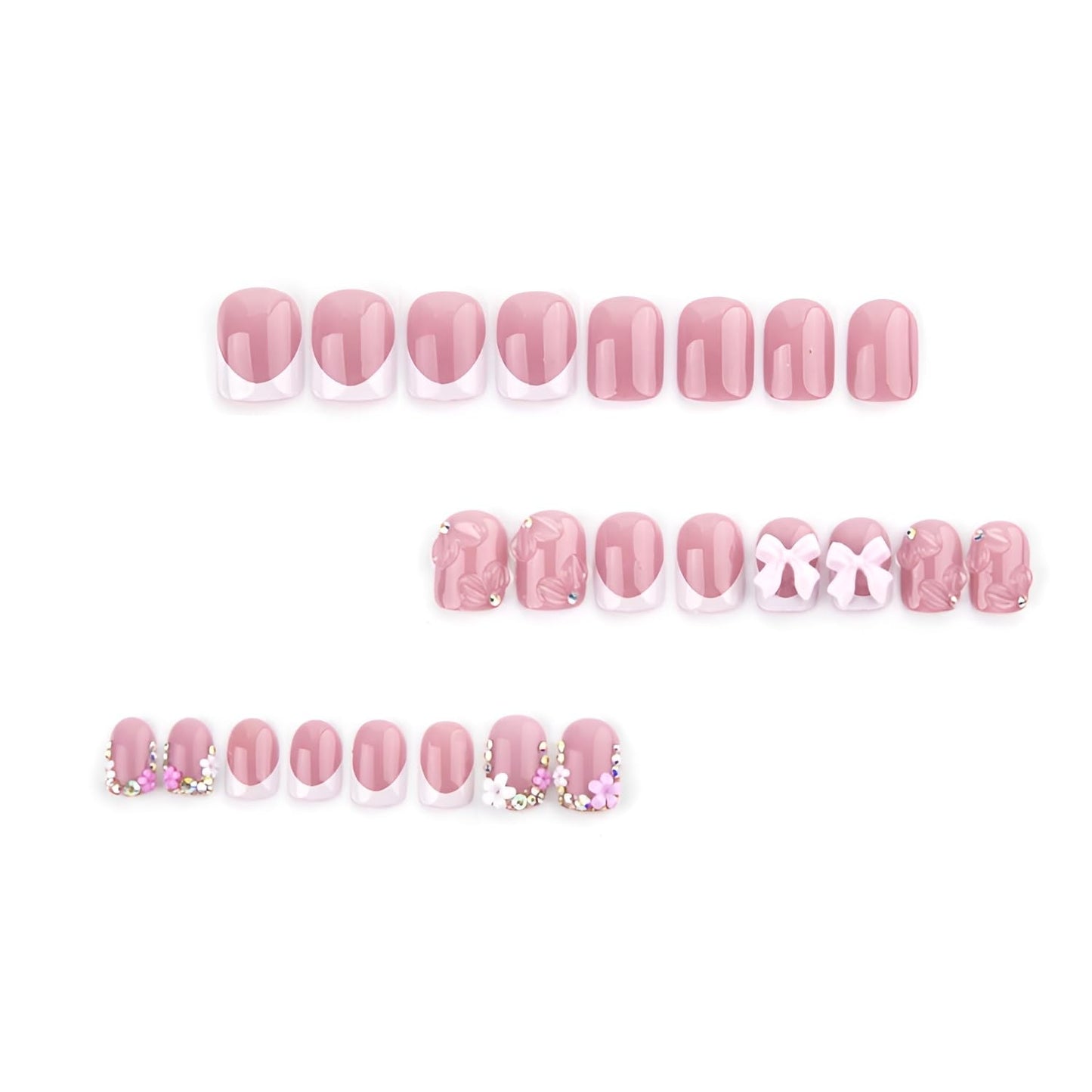 Short Square Press on Nails Flower Fake Nails French Tip Press on Nails with Rhinestones Design 3D Pink Bow Glue on Nail Glossy False Nails White Pink Stick on Nail Decoration Set 24Pcs