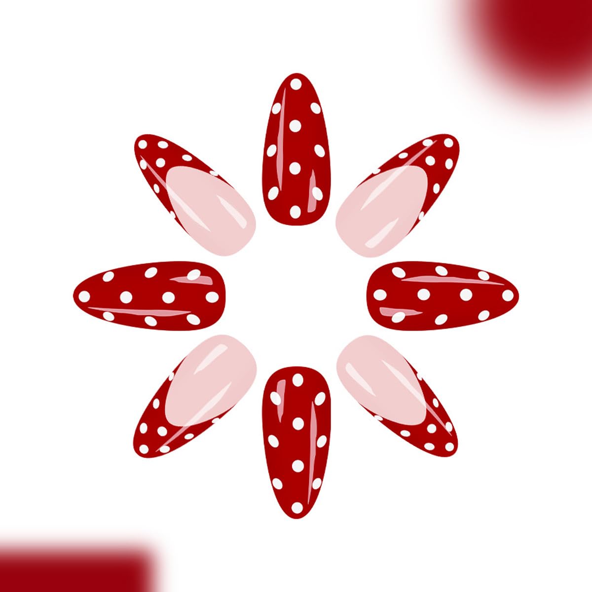 Red French Tip Press on Nails with White Polka Dots - Medium Almond Glossy Fake Nails, Full Cover Holiday Manicure Kit for Valentine‘s Day, 24PCS for Women
