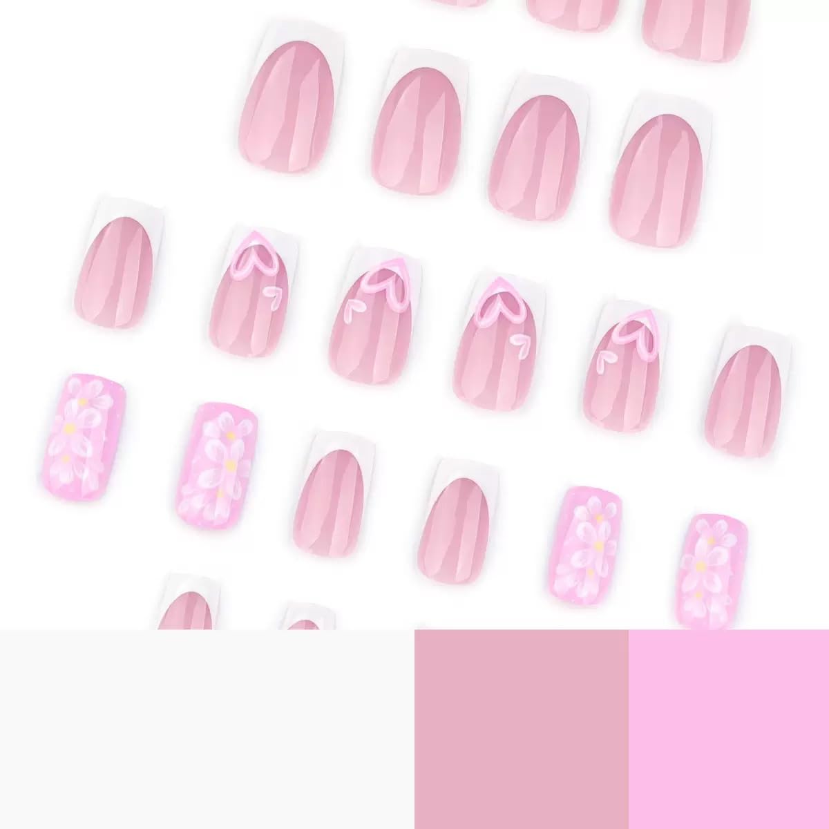CTTHNBD Press on Nails Square - Medium Fake Nails with Flower Heart Design - White French Tip False Nails Press ons - for Women 24 Pcs