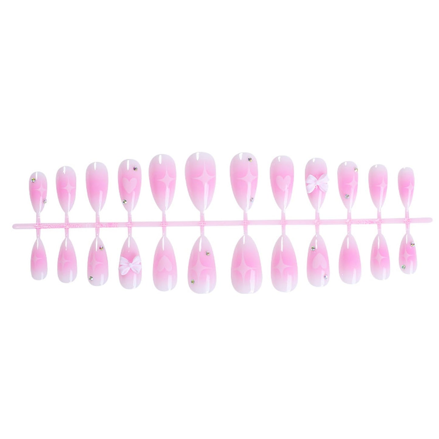 Pink Gradient Press on Nails Fake Nails Almond-shaped blush Bow Star with Rhinestones Design Glossy Stick on Nails Acrylic Artificial Nails Oval False Nails for Women Girls DIY Manicure Decoration