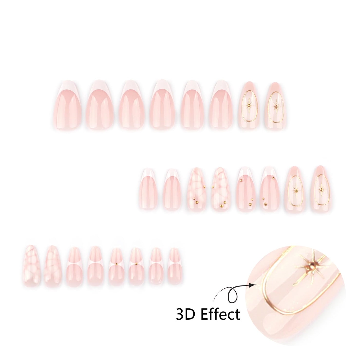 Mivota French Press On Nails Almond Medium, Fall Fake Nails Adorned with White Petal Accents and 3D Gold Lines Design, Glossy Gel Finish Acrylic Nails, Reusable Glue On Nails for Women, 24Pcs