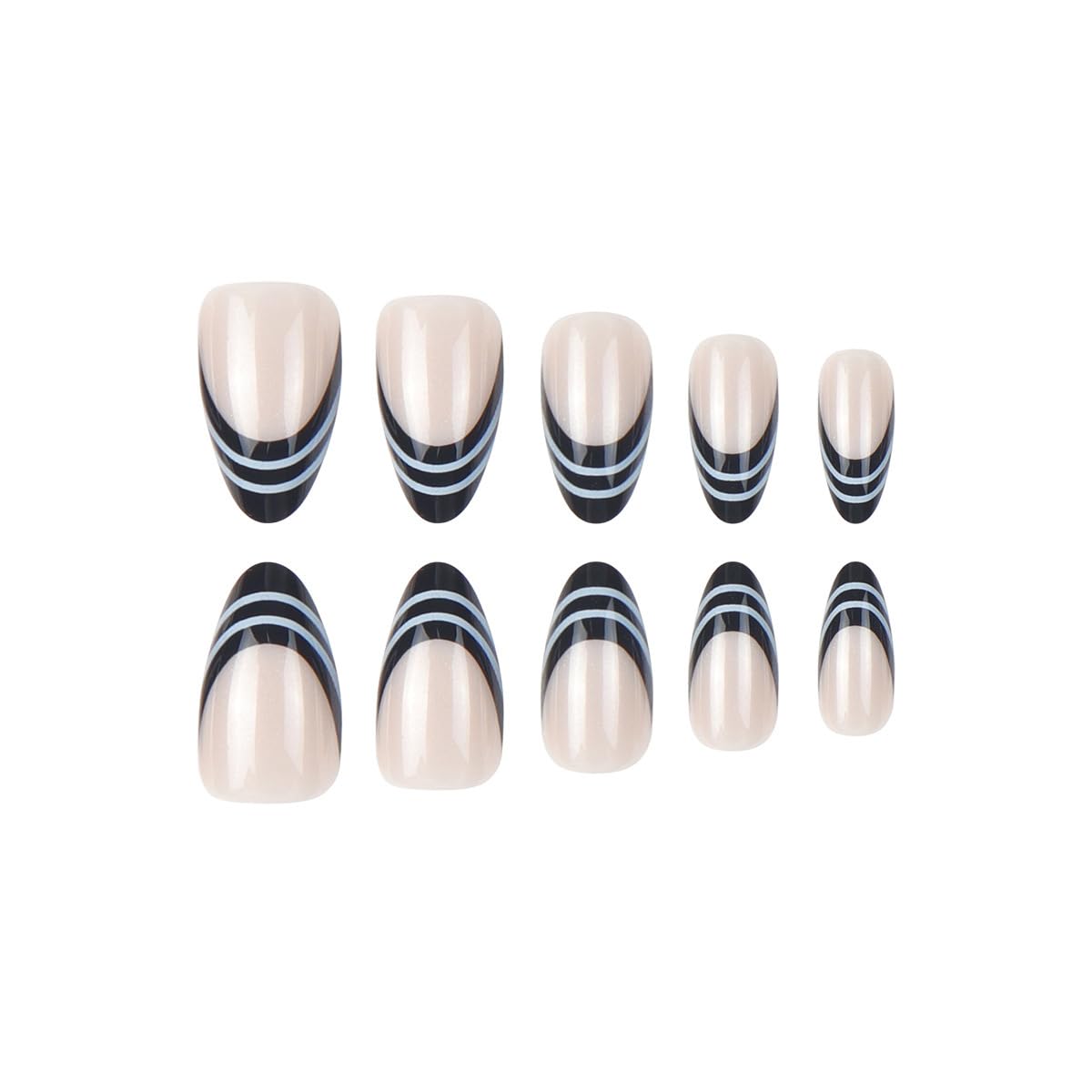 30 Pcs Black and White Stripe French Tip Press on Nails, Short Almond Fake Nails Press ons with Design, Glossy Acrylic Full Cover Stick on Nails for Women Manicure
