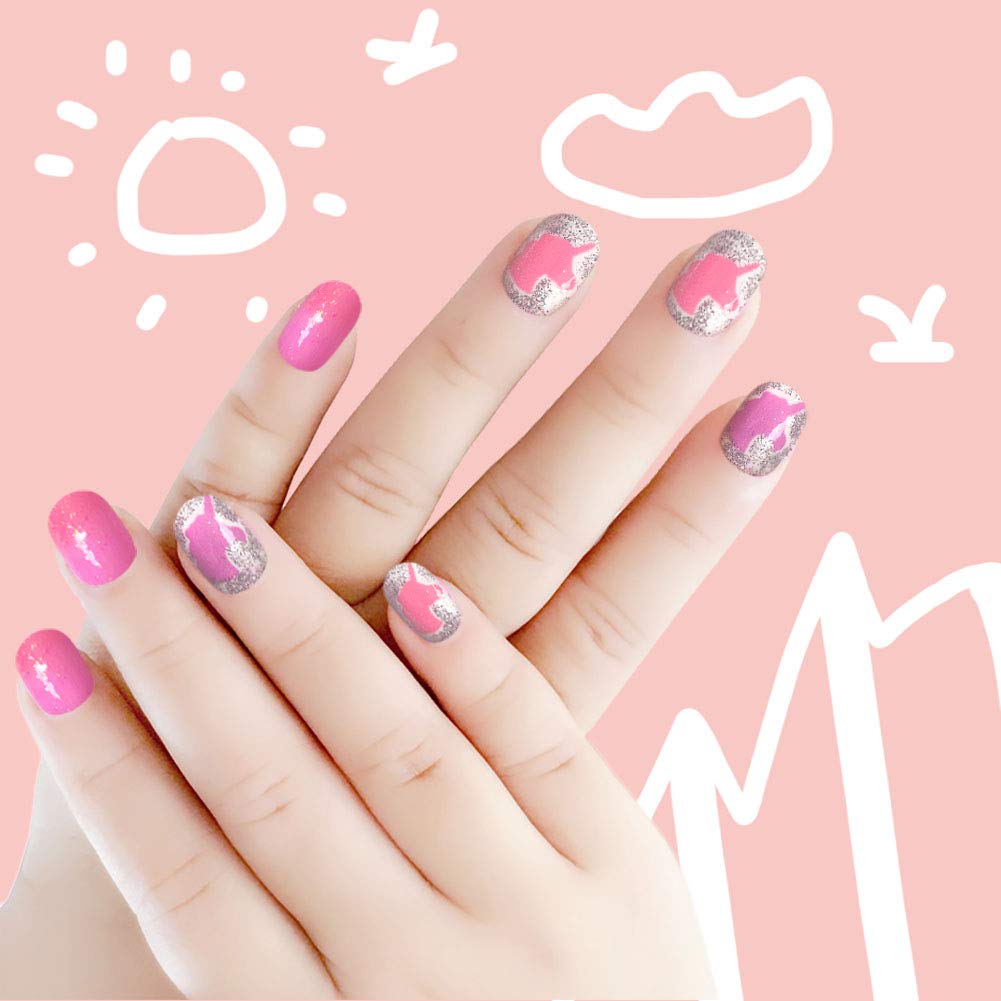 Laza 120pcs Children Nails Girls Press On Artificial Nail Tips Pre-glue Full Cover Short Cute False Nail Kits Lovely Christmas Gift for Children Kids Little Girl Nail Art Decoration - Pinky Lady