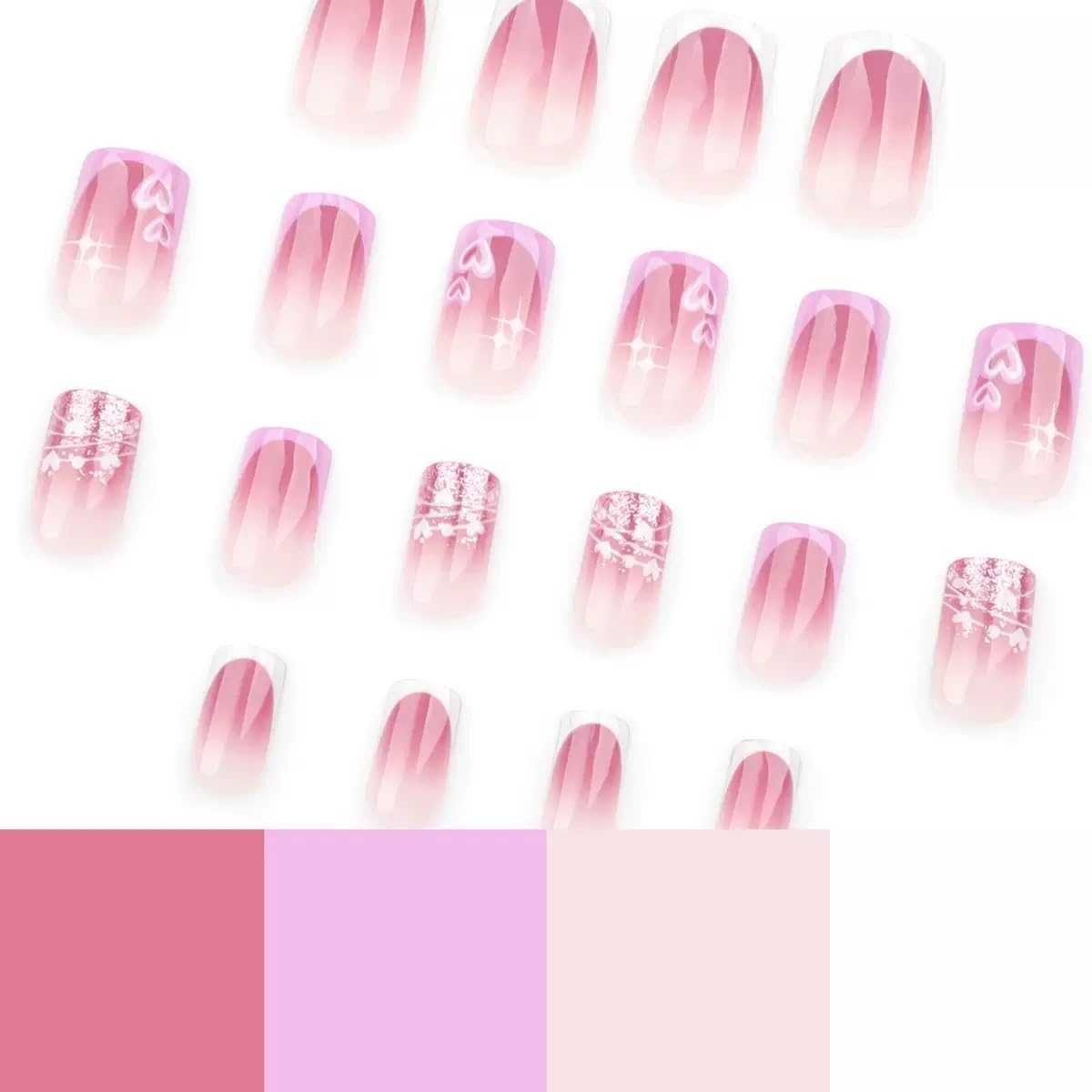CTTHNBD Press on Nails Short Square Acrylic False Nails French Tip Heart Design Glitter Glossy Full Cover Stick on Nails 24Pcs