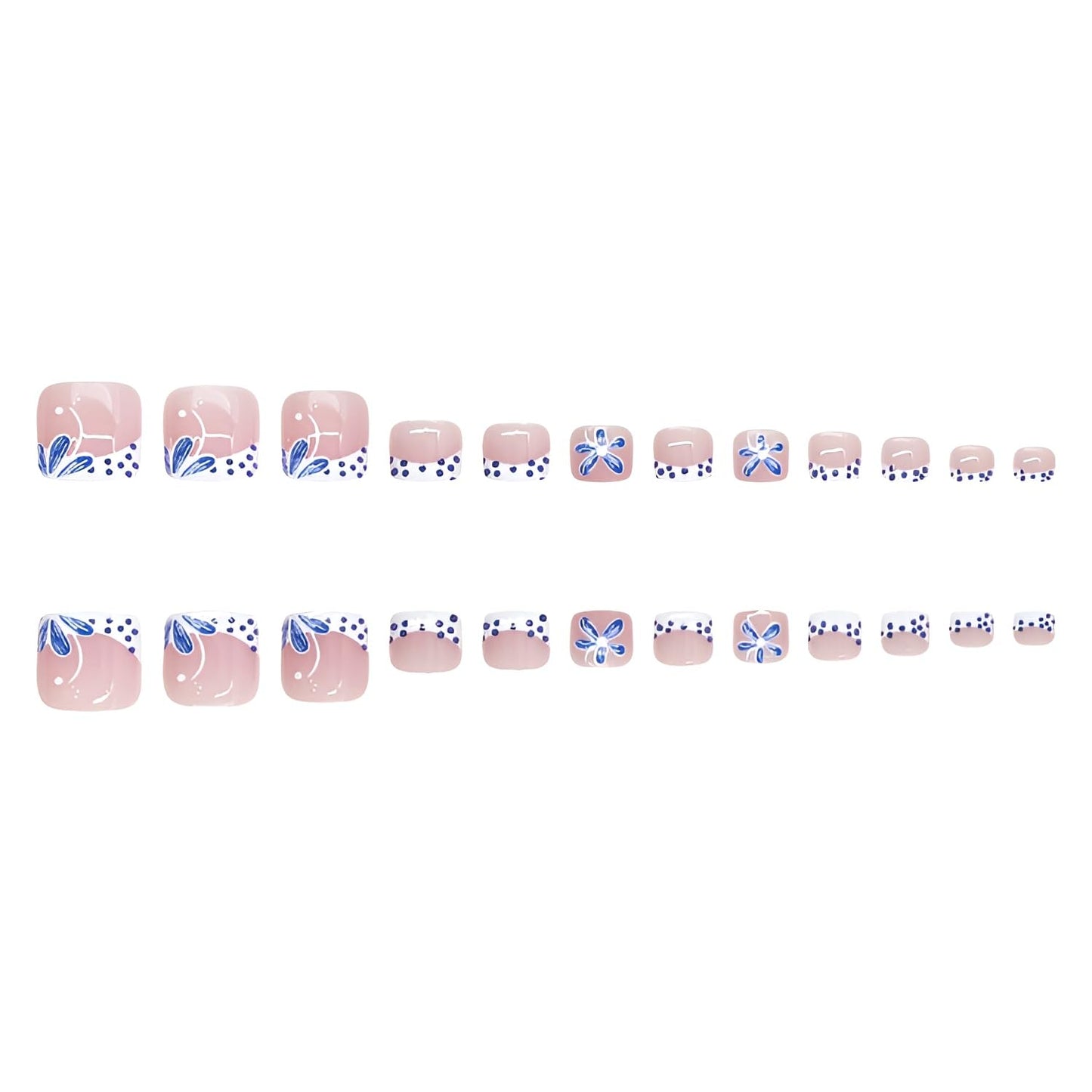 French Tip Press on Toenails Short Square Fake Toe Nails Polka Dot Toenail Press ons Flower False Toenails White Blue Stick on Toenail Glossy Glue on Toe Nail for Women Decorations Set 24Pcs