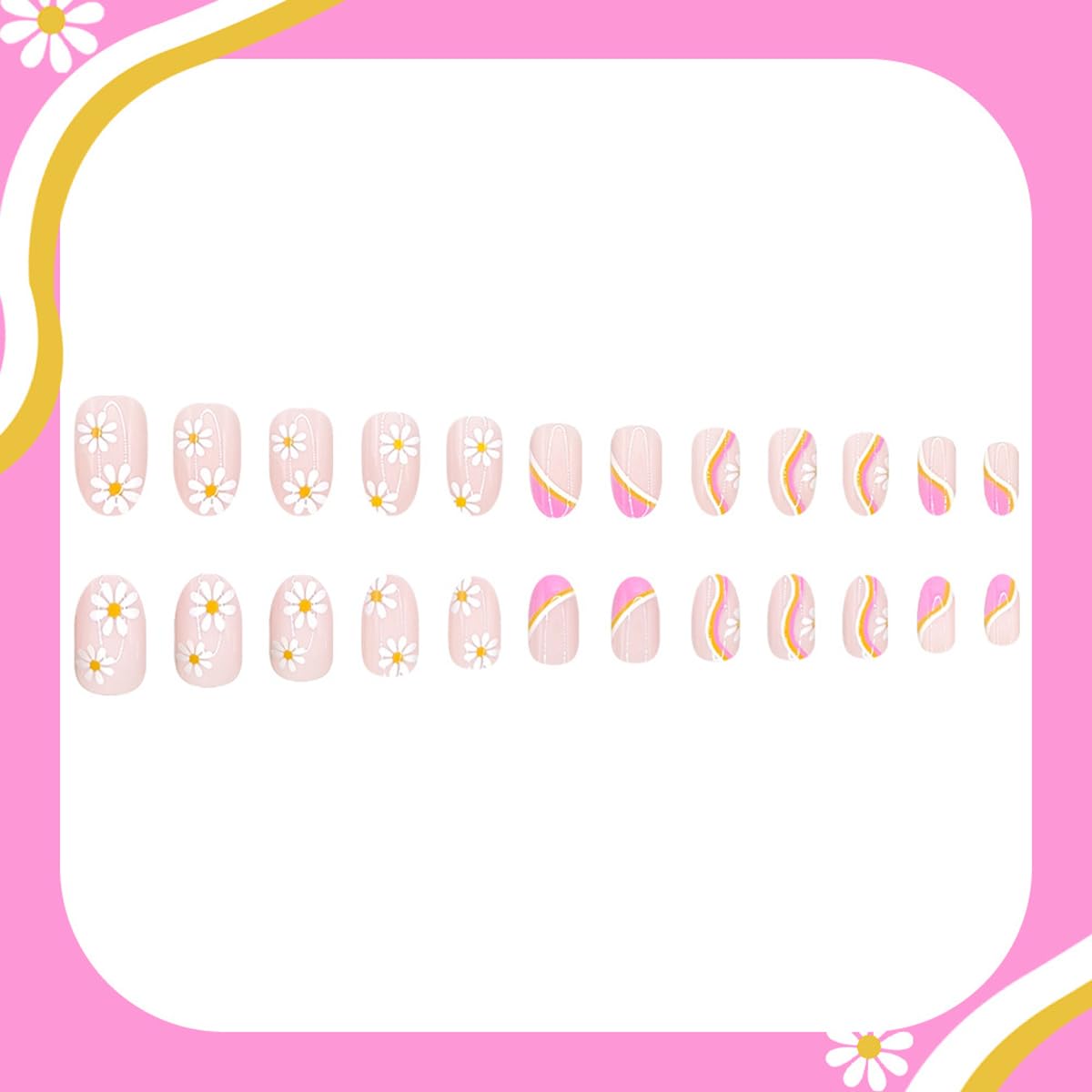 Spring Press on Nails Medium Oval Fake Nails Pink French Tip Nails Press ons with Cute Flower Striped Design,Reusable Artificial Nail Full Cover Stick on Nails for Women Manicure 24Pcs