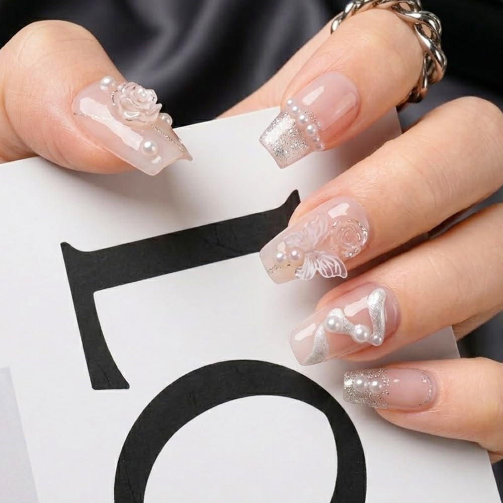 2IM Studio Handmade Press On Nails – 10 Piece Soft Gel Nail Kit with Glue & Tool Set, Reusable Artisan Nails, Salon-Quality Finish (Champagne Lace-S)