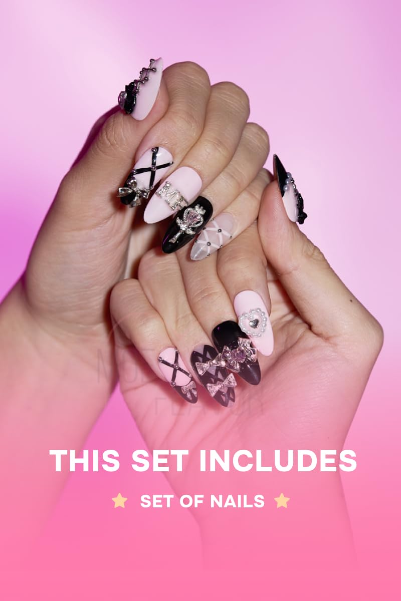 Gyaru Glam Leopard Print Press-On Nails – Kawaii Cosplay Nails with Glitter, Bows & Charms - Costume Accessory (Jirai Kei, L)