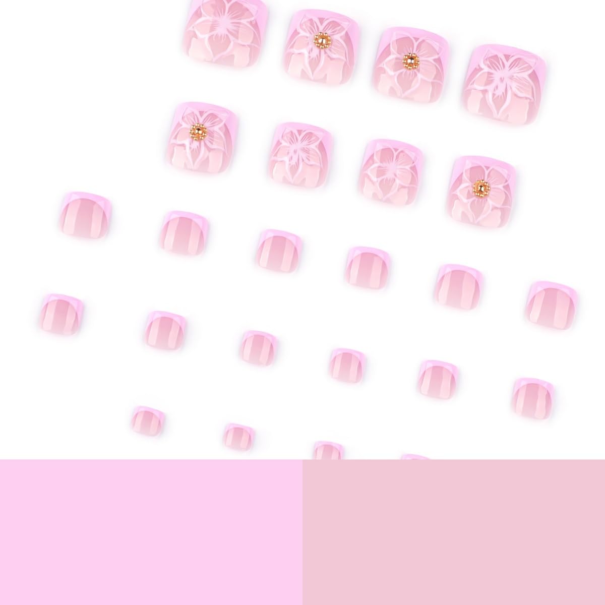 Pink Press on Toenails Short Square French Tips Fake Toe Nails Nude Flower Designs False Toe nails Full Cover Glue on Toenails Summer Floral Glossy Acrylic Toe Nails for Women DIY Manicure 24Pcs