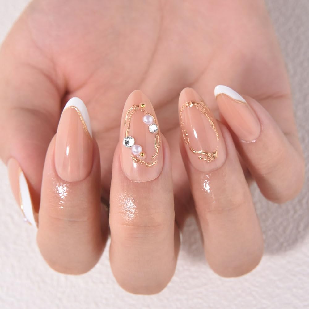 evpct Nude 3D Press on Nails Short Almond, White French Tip Nail Short Almond with Gold Line Design, Glossy Stick on Nails for Women Gift, Reusable Full Cover Soft Gel Press on Fake Nail with Design