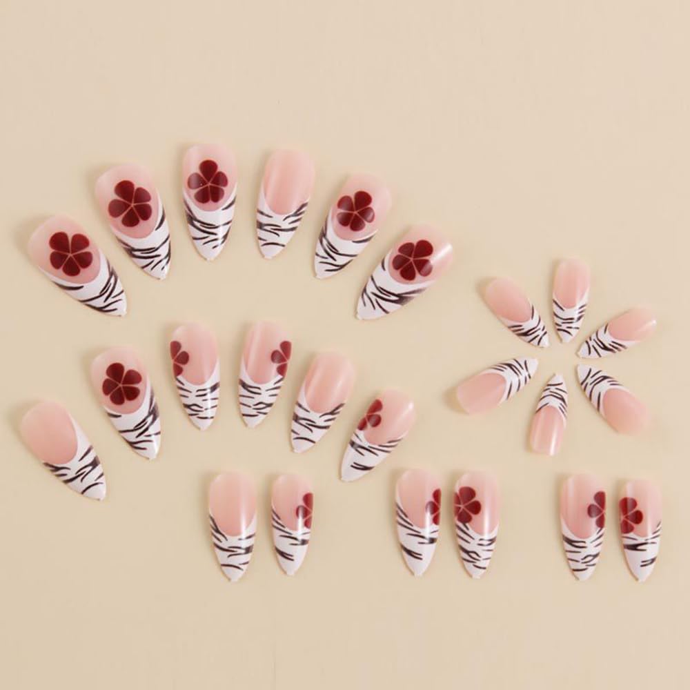 MINGCHUN Press on Nails Medium Almond French Tip Fake Nails Press ons Acrylic Nail Art Kit Full Cover False Nails Glue on Nails with Zebra Stripes Flower Glossy Design for Women Nail Supplies 24Pcs