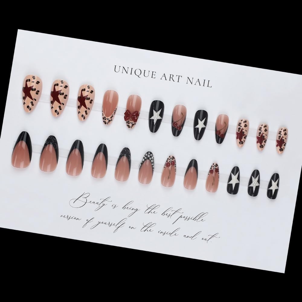 French Tips Press on Nails Medium Almond Fake Nails with 5D Bow Charm Design Glossy Leopard Prints Star Nails Press on Reusable Pearl Cherry False Nail Spring Summer Nail for Women Manicure 24Pcs