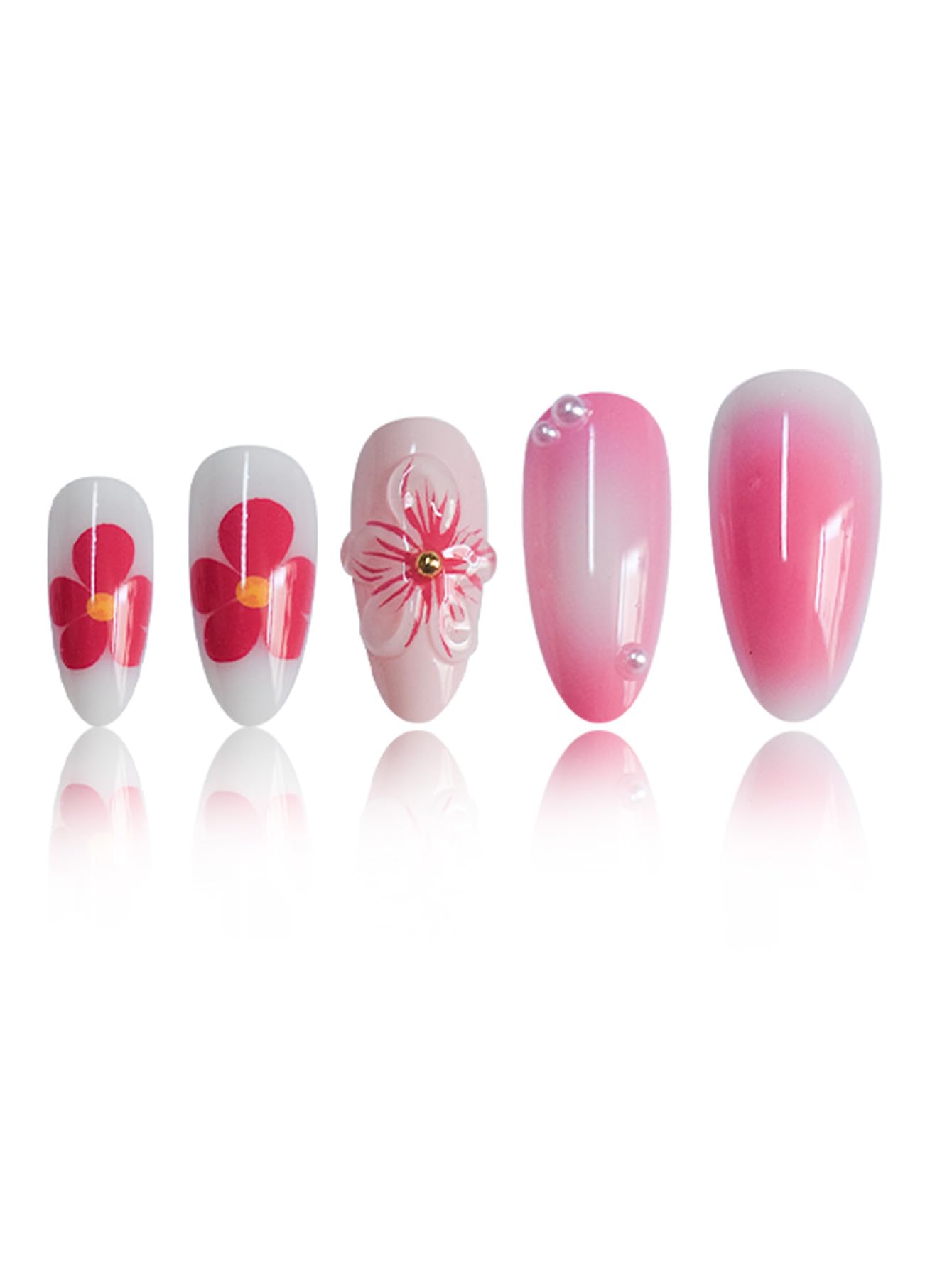 Short Press on Nails Almond Fake Nails Pink False Nails Cute Artificial Nails with 3D Red Flowers Designs Acrylic Nails Press ons Floral Stick on Nails for Women 24pcs