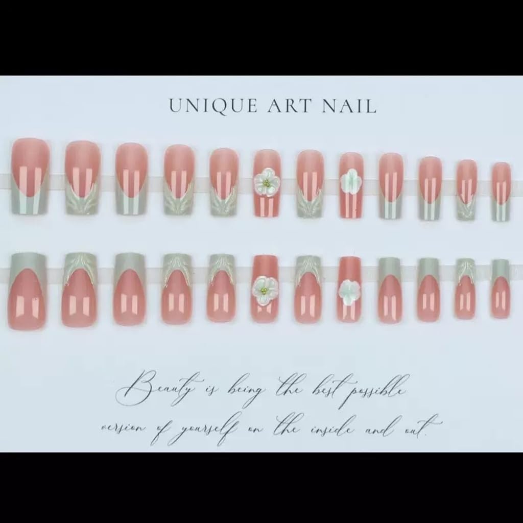 CTTHNBD Medium Press on Square Nails - Green French Tip Fake Nails with Flower Design - 3D, Spring False Nails for Women 24 Pcs
