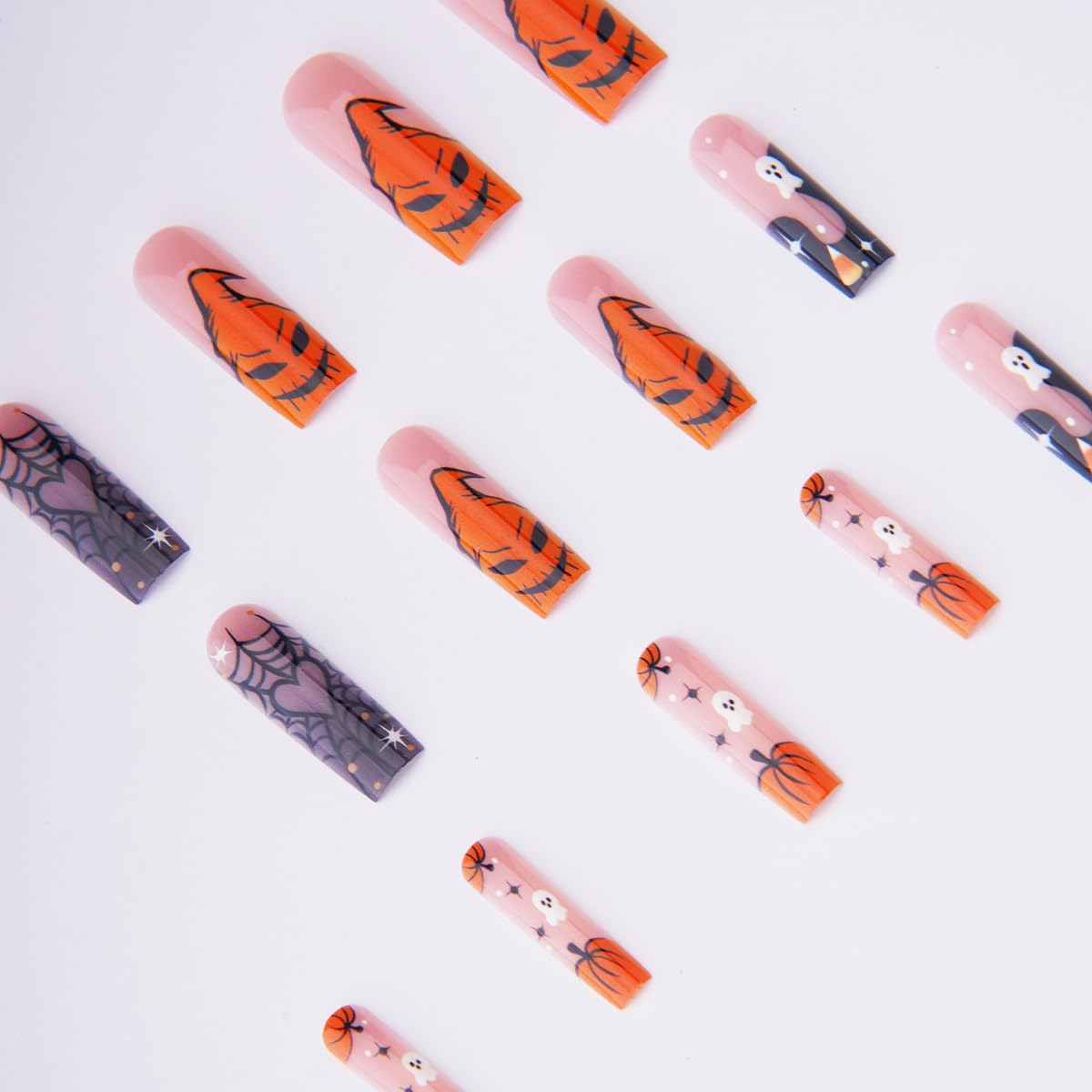24Pcs Halloween Press on Nails Long Square French Tip Fake Nails with Ghost Spider Wed Design Goth Halloween Glue on Nails Orange Monster Pumpkin French Tip False Nails for Women Holiday DIY