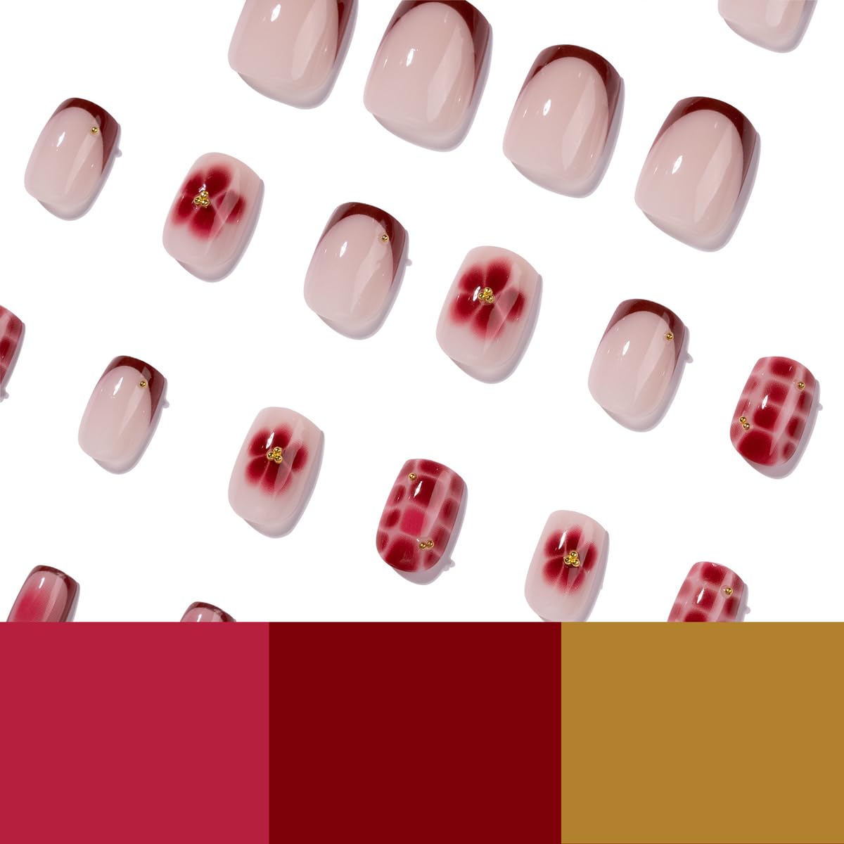 Red Press on Nails French Tip Glue on Nail Medium Square Fake Nails with Gold Beads Design Nude Nails Press ons Full Cover Stick on Nail for Women Manicure 24Pcs