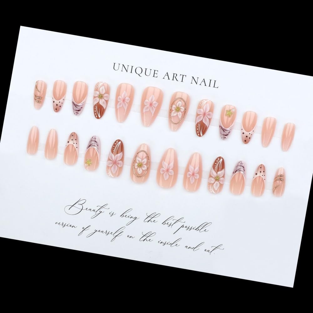 Polka Dots French Tips Press on Nails Medium Almond Nails Press on with 5D Flower Charm Design Glossy Marble Glue on Nails Gold Gilding Fake Nail Fall Winter Brown Nail for Women Manicure 24Pcs