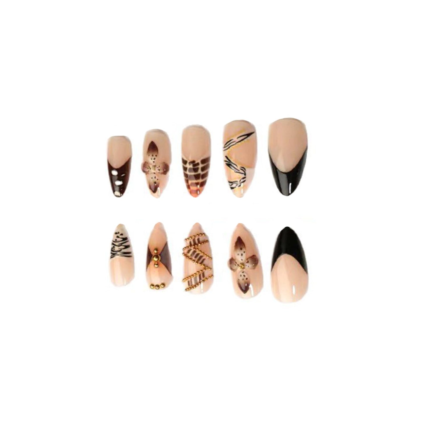 SINHOT Press on Nails - Medium Almond Fake Nails, Glossy Finish, Zebra Stripes & 3D Flower, DIY Artificial False Nail Art - 24 Pcs Nail Kit with Glue